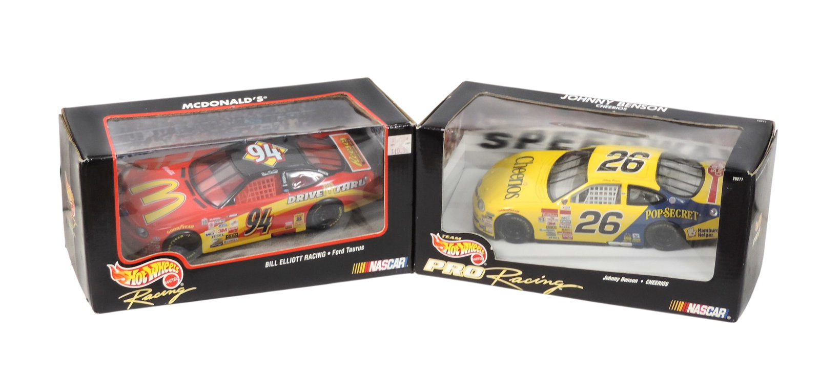 Hot Wheels NASCAR (2), 1997 Johnny Benson Cheerios, No. 20277 & 1998 McDonaldâ€™s B: Hot Wheels NASCAR (2), 1997 Johnny Benson Cheerios, No. 20277 & 1998 McDonald’s Bill Elliott Racing, Ford Taurus, diecast/plastic w/orig packaging, NOS w/slight wear on packaging (enlarge photos