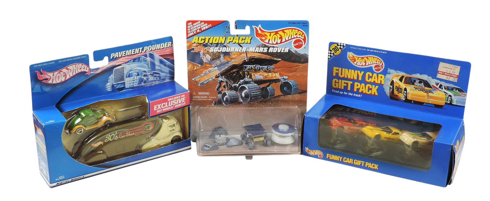 Hot Wheels (3), 2000 Pavement Pounders, No. 89313 Asst. 89850, 1990 Funny Car Gift Pack, No. 7456 &: Hot Wheels (3), 2000 Pavement Pounders, No. 89313 Asst. 89850, 1990 Funny Car Gift Pack, No. 7456 & 1996 Sojourner Mars Rover, No. 16145, diecast/plastic w/orig packaging, NOS w/slight wear on