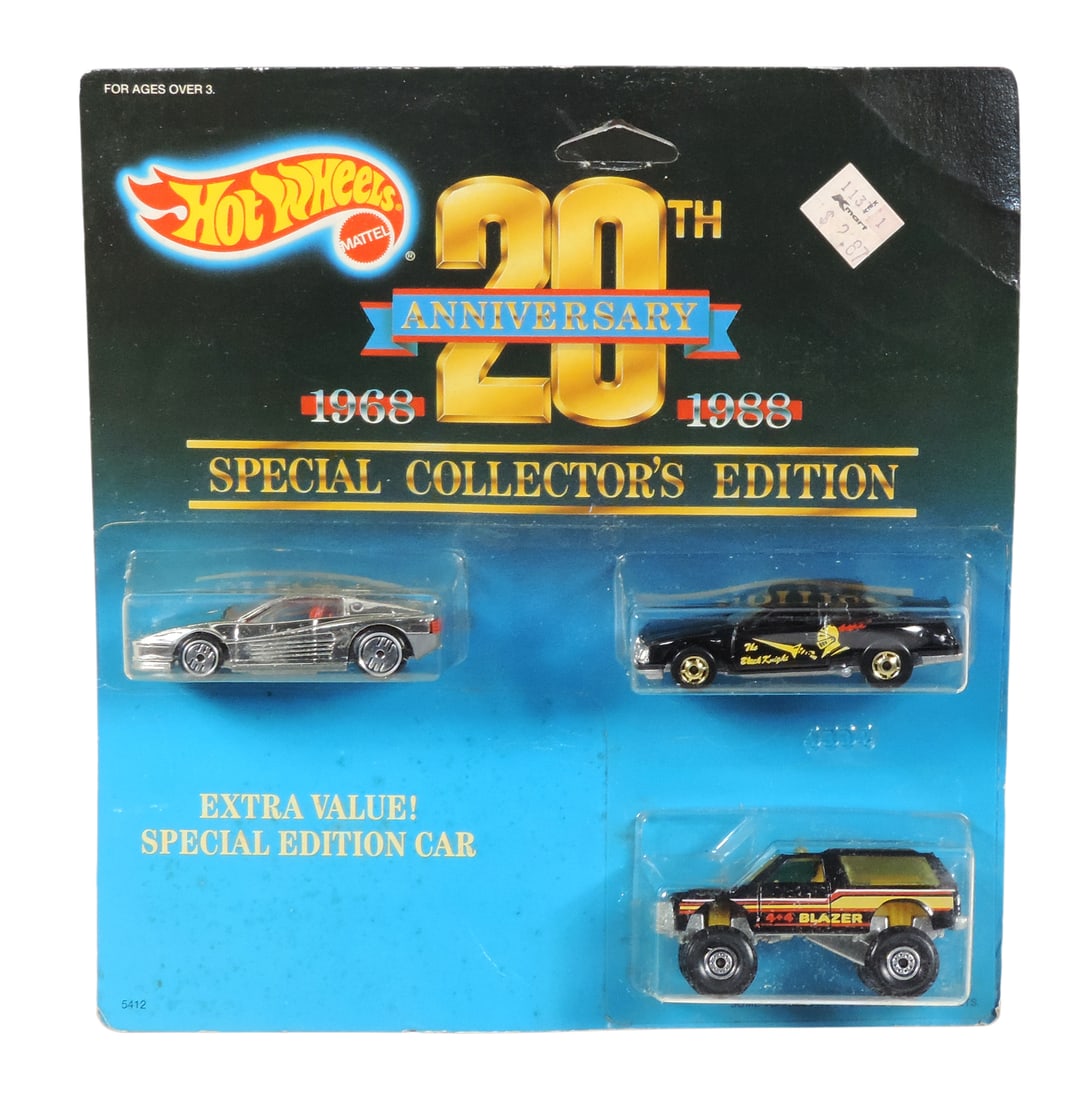 Hot Wheels, 1987 20th Anniversary Special Collectorâ€™s Edition, No. 5412 & 4504 (e: Hot Wheels, 1987 20th Anniversary Special Collector’s Edition, No. 5412 & 4504 (embossed on plastic packaging), diecast/plastic w/orig packaging, NOS w/slight wear on packaging (enlarge photos f