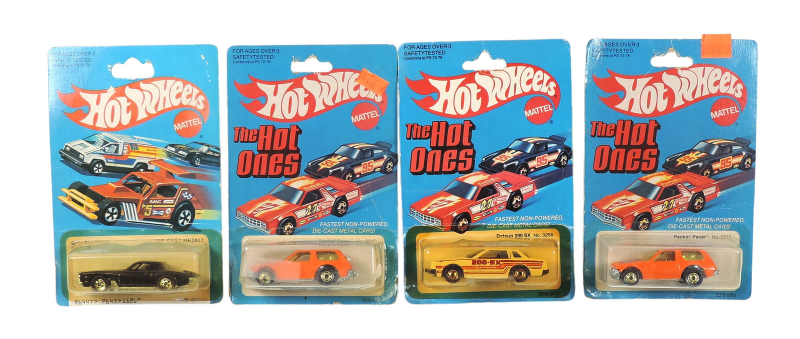 Hot Wheels (4), 1981 The Hot Ones, Packin' Pacer, No. 2015 (plastic package shows loss), 1981St...: Hot Wheels (4), 1981 The Hot Ones, Packin' Pacer, No. 2015 (plastic package shows loss), 1981Stutz Blackhawk, No. 1126, 1981 Datsun 200 SX, No. 3255 & 19981 Packin' Pacer, No. 2015, diecast/plastic