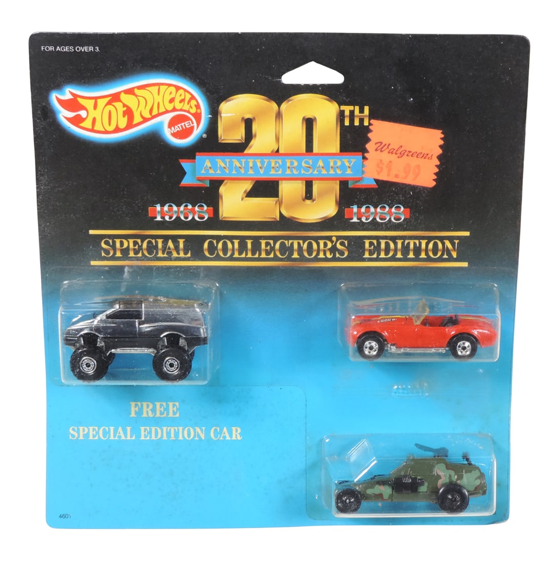 Hot Wheels, 1987 20th Anniversary Special Collector's Edition, No. 4601 & 4601 (embossed on pla...: Hot Wheels, 1987 20th Anniversary Special Collector's Edition, No. 4601 & 4601 (embossed on plastic packaging), diecast/plastic w/orig packaging, NOS w/slight wear on packaging (enlarge photos for