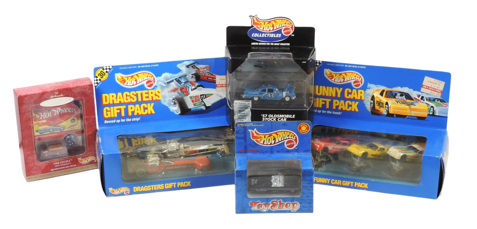 Hot Wheels (5), 1990 Funny Car Gift Pack, No. 7456, 1990 Dragsters Gift Pack, No. 7449, 1999 Toy ...: Hot Wheels (5), 1990 Funny Car Gift Pack, No. 7456, 1990 Dragsters Gift Pack, No. 7449, 1999 Toy Shop, No. 23588, 1998 â€™57 Oldsmobile Stock Car, Limited Edition No. A5118 & 1999 Hal