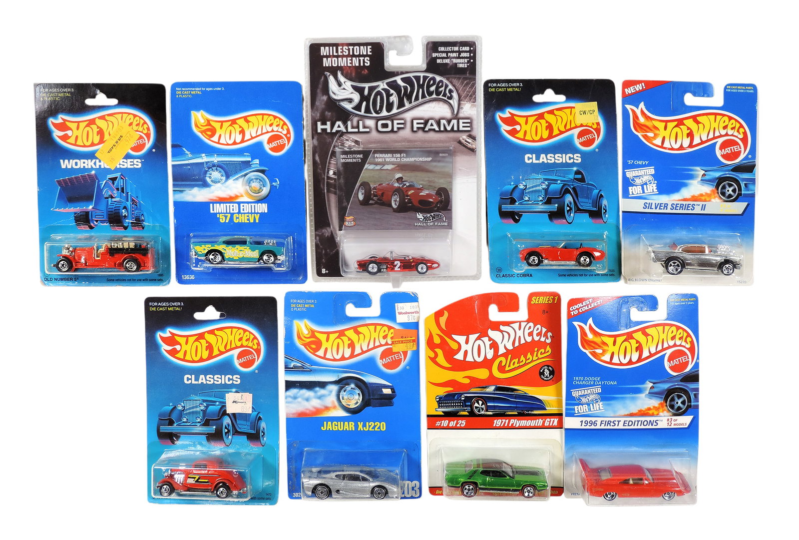 Hot Wheels (9), 1991 Jaguar XJ220, No. 3026, Collector No. 200, 1993 Limited Edition '57 Chevy,...: Hot Wheels (9), 1991 Jaguar XJ220, No. 3026, Collector No. 200, 1993 Limited Edition '57 Chevy, No. 13636, 1986 Classics, No. 1473, 2004 1971 Plymouth GTX, Limited Edition, #10 of #25, No. H7075, 1995