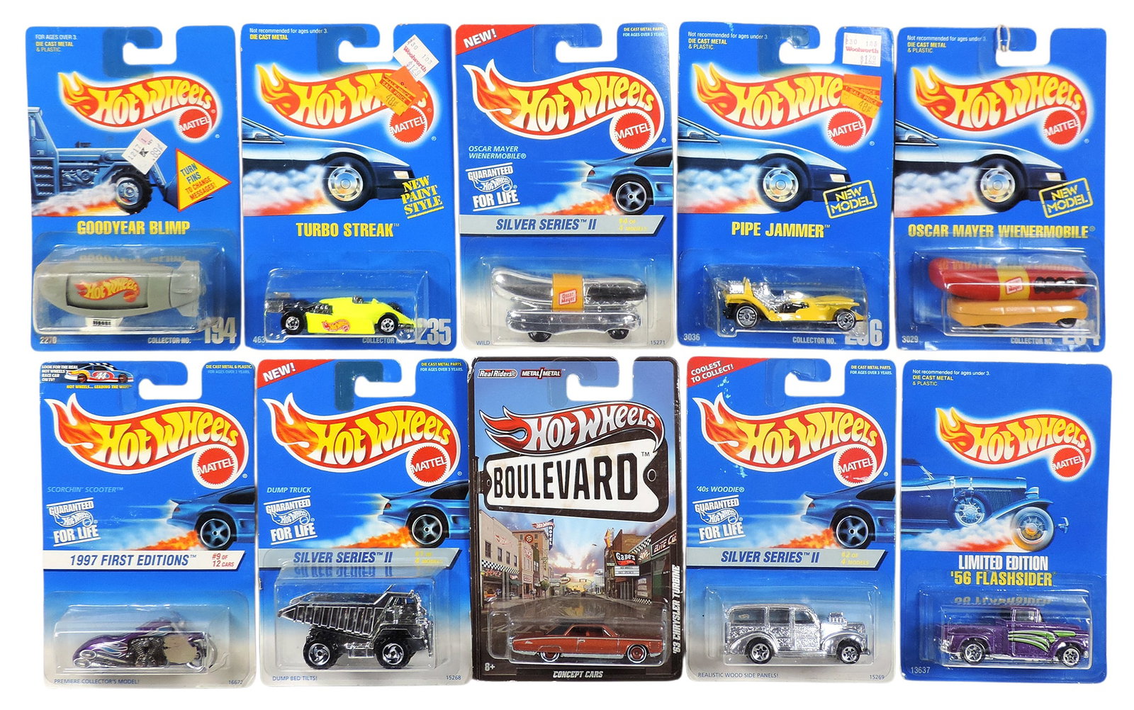 Hot Wheels (10), 2011Concept Cars, W4615-0910 G1, package stamped 0092N, 1995 Silver Series II, C...: Hot Wheels (10), 2011Concept Cars, W4615-0910 G1, package stamped 0092N, 1995 Silver Series II, Collector No. 421, No. 15269, 1993 Limited Edition '56 Flashsider, No. 13637, 1996 1997 First Editions #