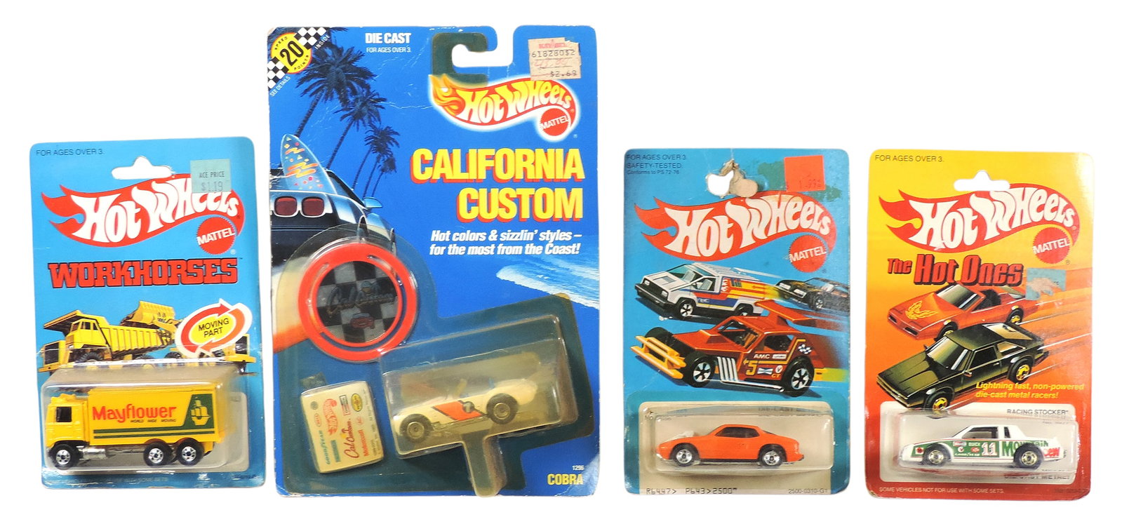 Hot Wheels (4), 1983 Hot Ones Racing Stocker No. 3929, 1981 Upfront 924 No. 2500, 1983 Workhorses...: Hot Wheels (4), 1983 Hot Ones Racing Stocker No. 3929, 1981 Upfront 924 No. 2500, 1983 Workhorses Hiway Hauler featuring the Mayflower Worldwide Moving logo & 1989 California Custom No. 1296 Cobra, al