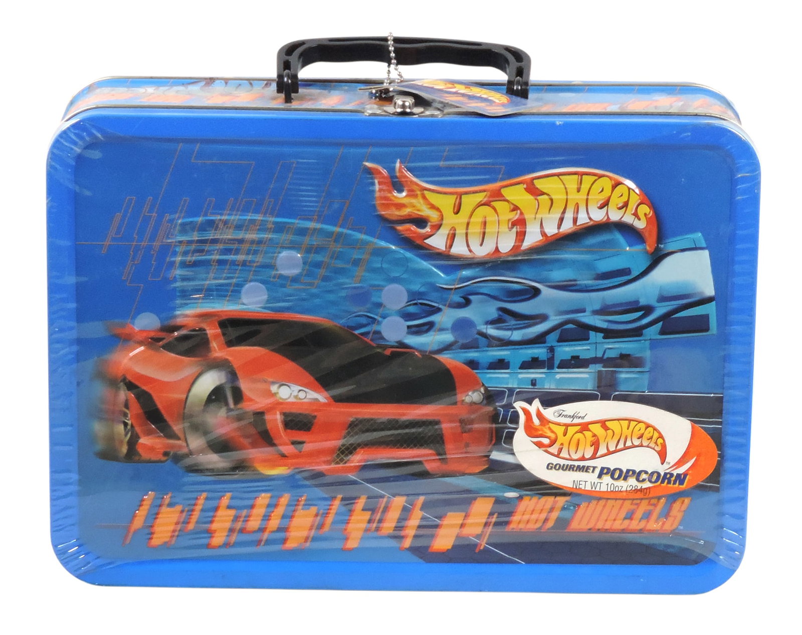 Hot Wheels, 2001 Frankford Collectible Gourmet Popcorn Tin, plastic wrapped, NOS w/minor oxidatio...: Hot Wheels, 2001 Frankford Collectible Gourmet Popcorn Tin, plastic wrapped, NOS w/minor oxidation (enlarge photos for details), H 10 x W 13 in.