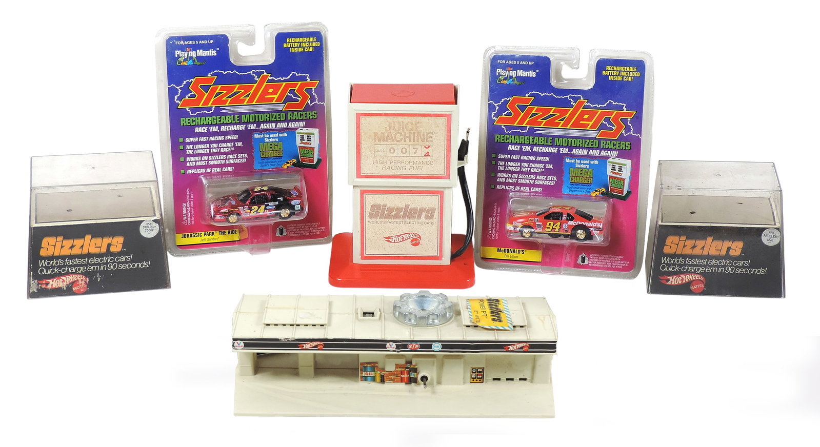 Hot Wheels Sizzlers (6), Sizzlers Power Pit by Mattel, 2 Sizzlers rechargeable motorized racers, ...: Hot Wheels Sizzlers (6), Sizzlers Power Pit by Mattel, 2 Sizzlers rechargeable motorized racers, Bill Elliott for McDonalds & Jeff Gordon for Jurassic Park, both Â©1997 Playing Mantis, 2 Siz