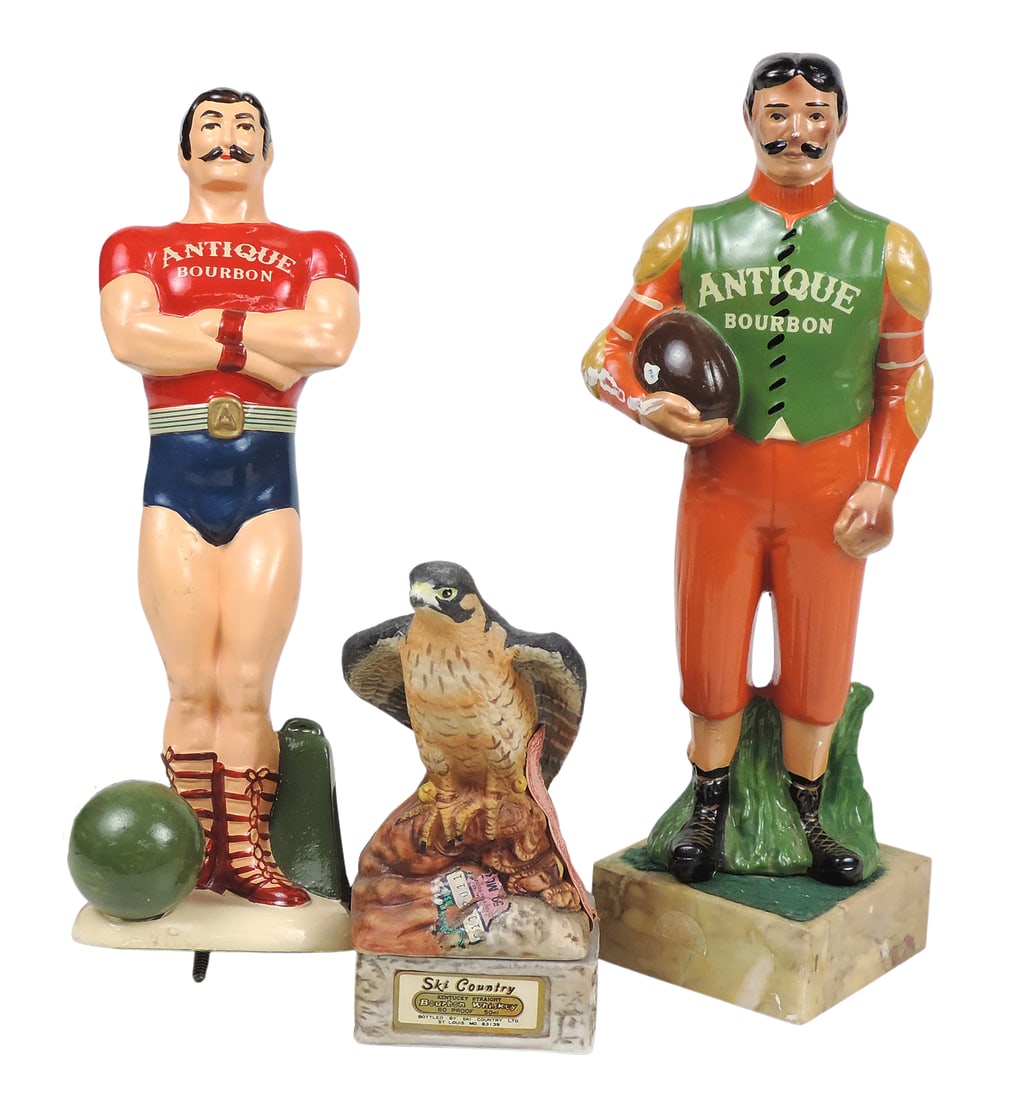 Bourbon Bottle Display & Sky Country Decanter (3), Bourbon figurines missing base, ceramic, c. mi...: Bourbon Bottle Display & Sky Country Decanter (3), Bourbon figurines missing base, ceramic, c. mid 1900s, Sky Country Kentucky Straight Bourbon Whiskey empty decanter, Limited Edition Peregrine