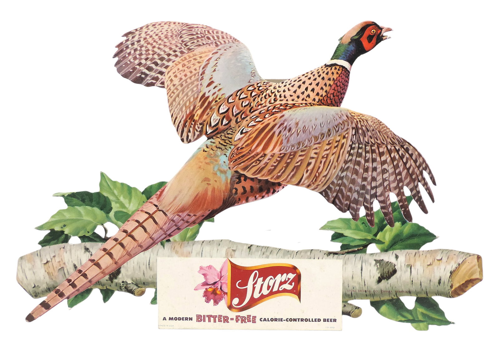 Storz Beer Advertising, features a ring-necked pheasant, paper/cardboard cutout, litho in USA, CO...: Storz Beer Advertising, features a ring-necked pheasant, paper/cardboard cutout, litho in USA, CO-850, back has glue/tape mark, c. 1970s, VG cond w/age-related wear (enlarge photos for details), H