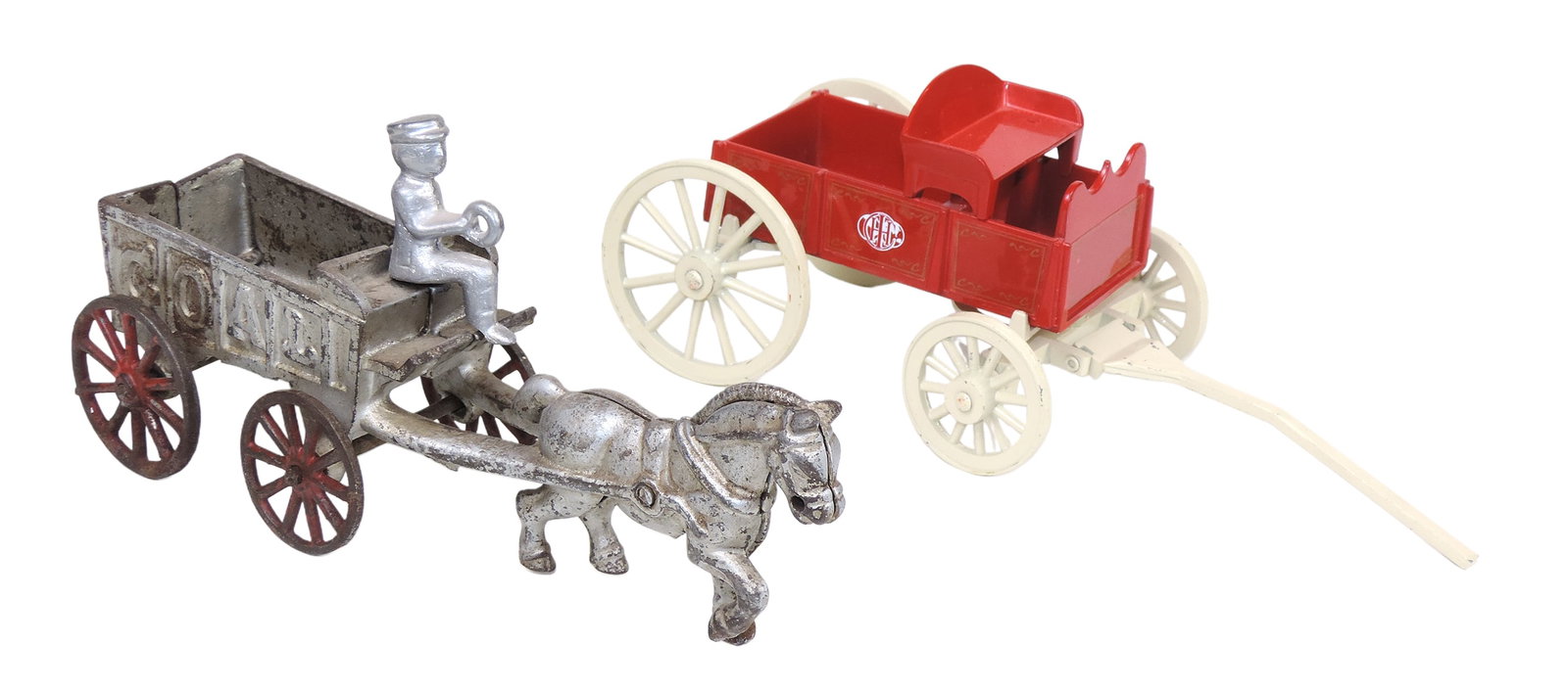 Toy Horse Drawn Wagons (2), cast iron, embossed w/Coal on sides & IHC Buckboard, both unmarked, V... (1 of 1)