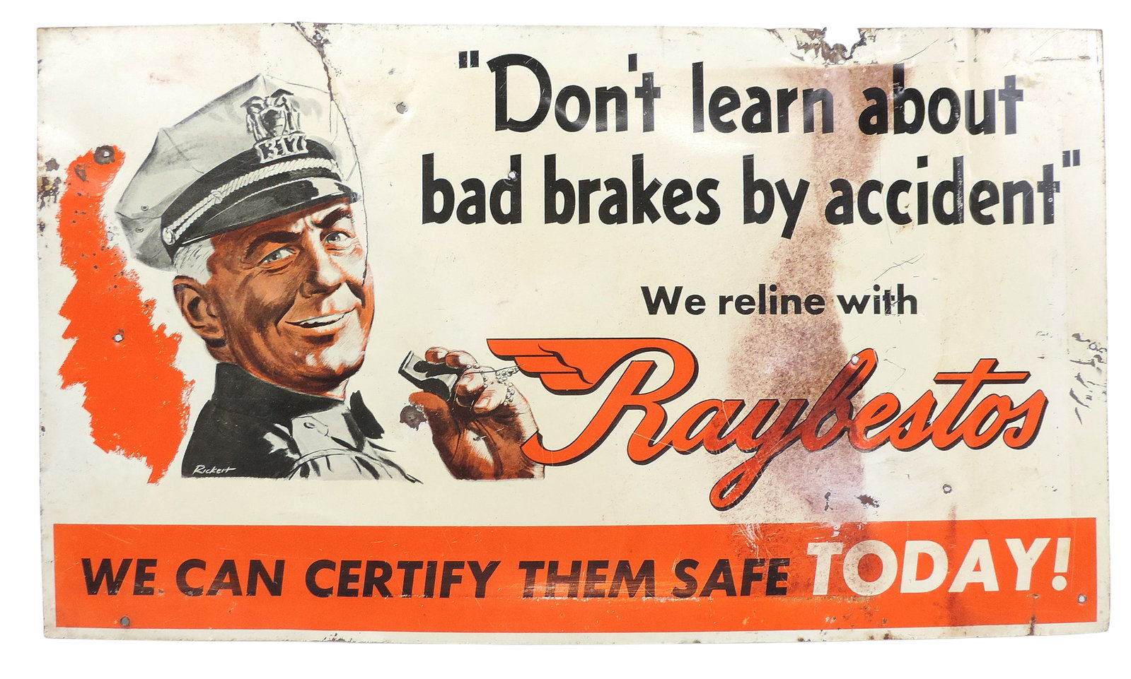 Automotive Raybestos metal sign, Fair cond, (enlarge photos for details), H 12.25 x W 21 in.: Automotive Raybestos metal sign, Fair cond, (enlarge photos for details), H 12.25 x W 21 in.