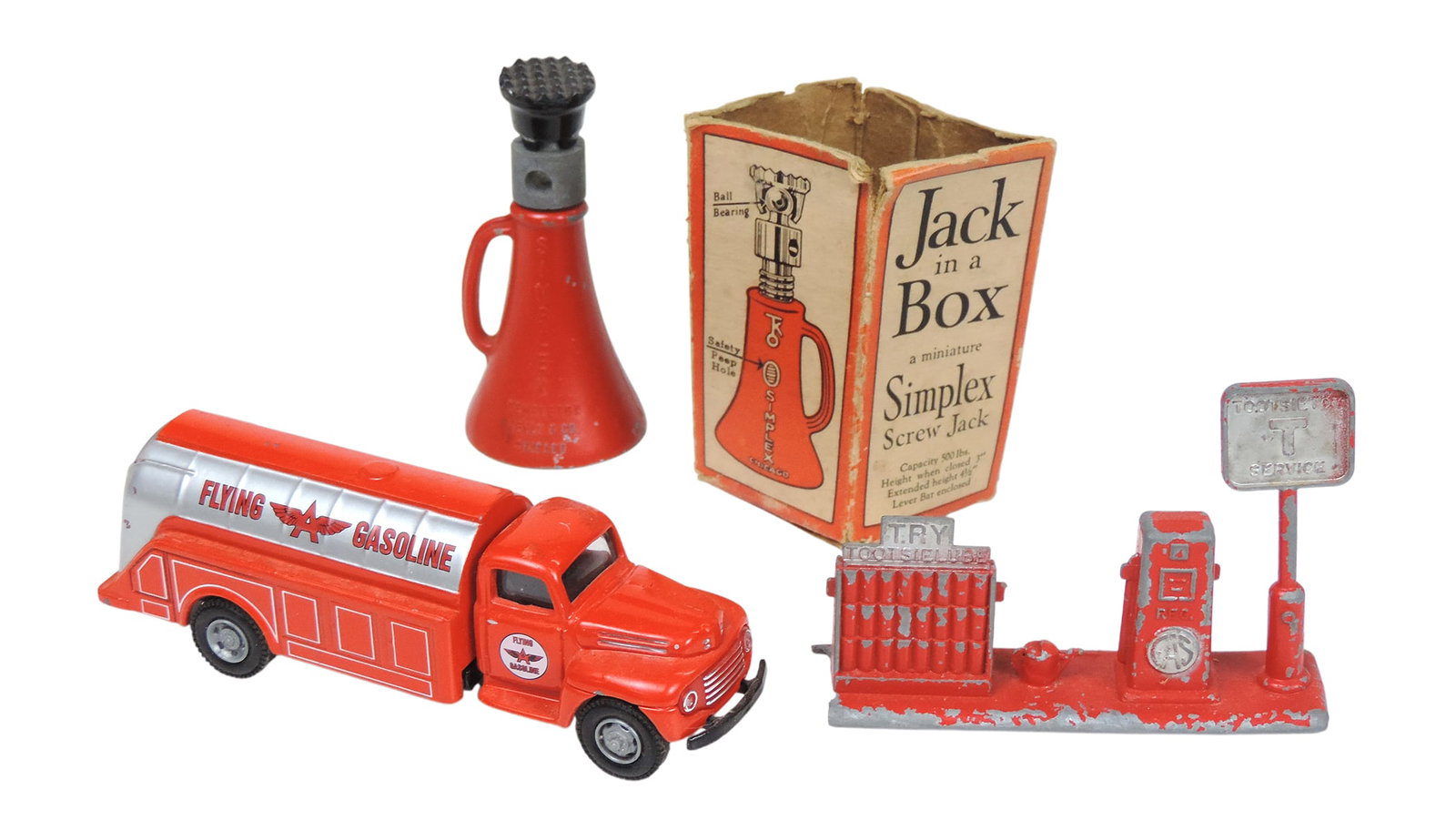Toy Scale Models (3), Flying Gasoline Tanker, 1993 Hartoy Inc., cast metal/plastic, made in China...: Toy Scale Models (3), Flying Gasoline Tanker, 1993 Hartoy Inc., cast metal/plastic, made in China, Jack in A Box, a miniature Simplex Screw Jack w/orig box, Templeton Kenly & Co., Chicago, cast metal 