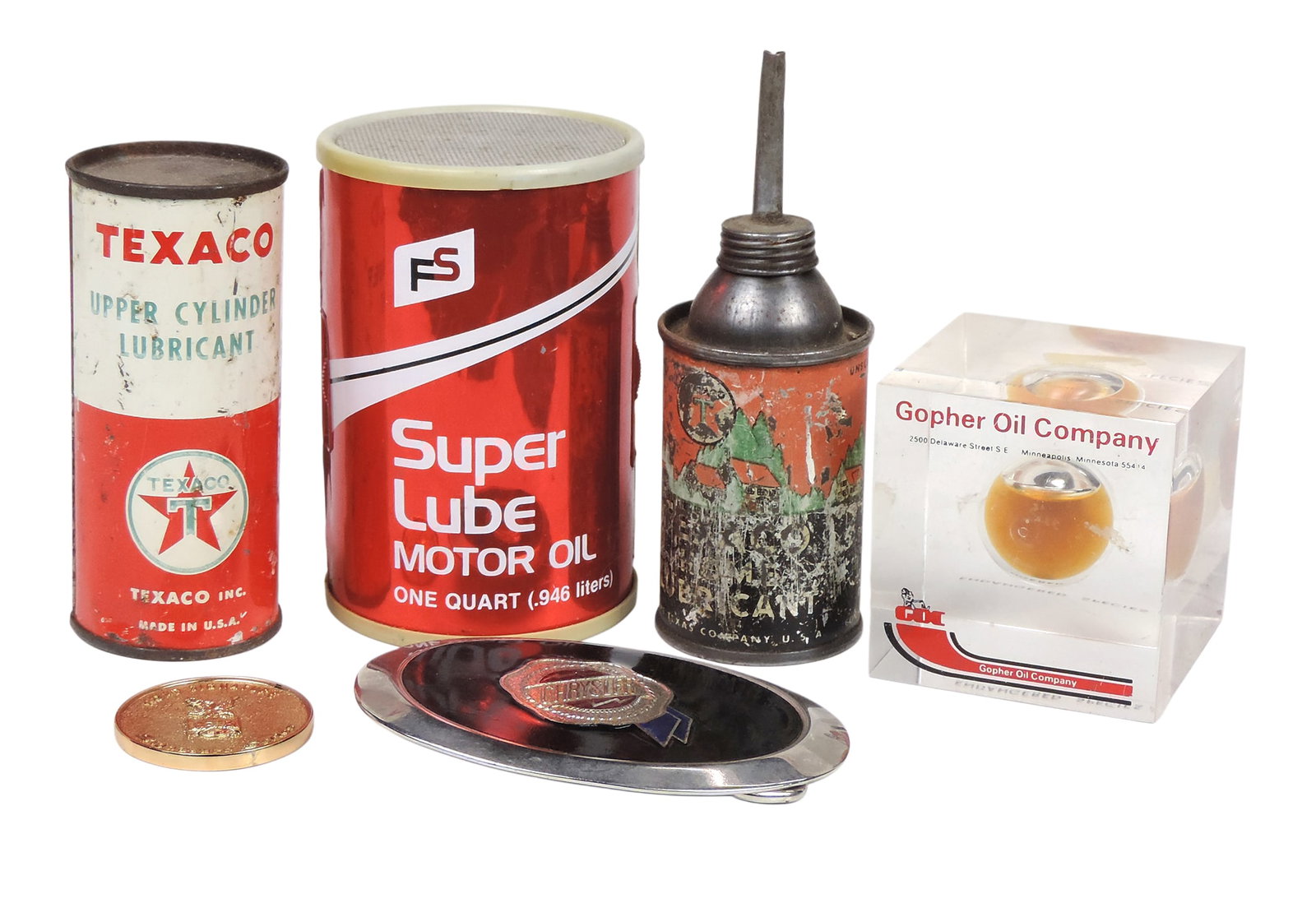 Petroliana Items (6), Gopher Oil Company Paperweight, encased w/teardrop of oil representing Enda...: Petroliana Items (6), Gopher Oil Company Paperweight, encased w/teardrop of oil representing Endangered Species, Texaco Home Lubricant, tin w/spout, no product, Texaco Upper Cylinder Lubricant, 4 flui