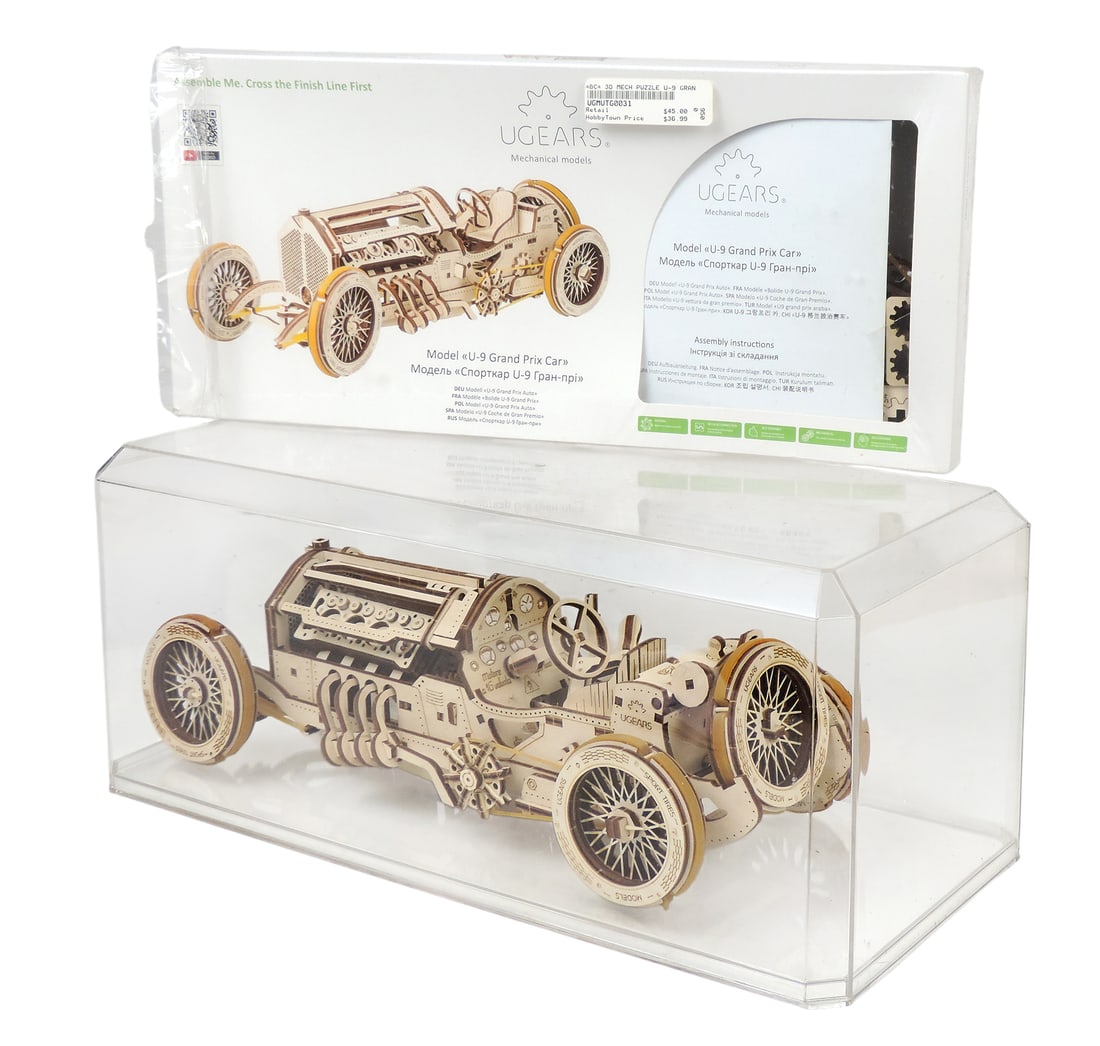 UGEARS Mechanical Puzzle, Model U-9 Grand Prix Car, complete wooden model, packaging contains extra (1 of 3)