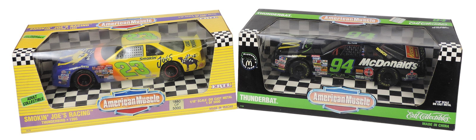 NASCAR American Muscle Adult Collectibles (2), Smokin' Joe's Racing Thunderbird 1995, No. 7576, 1...: NASCAR American Muscle Adult Collectibles (2), Smokin' Joe's Racing Thunderbird 1995, No. 7576, 1995 The Ertl Company, 1880 of 5000, made in Macau & Thunderbat, No. 7194, 1995 The Ertl Company, made