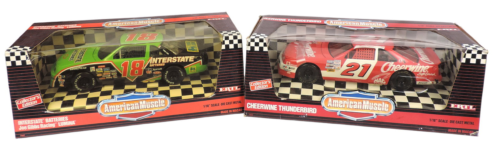 NASCAR American Muscle Adult Collectibles (2), Interstate Batteries Joe Gibbs Racing Lumina, No. ...: NASCAR American Muscle Adult Collectibles (2), Interstate Batteries Joe Gibbs Racing Lumina, No. 7447, 1992 The Ertl Company, made in Macau & Cheerwine Thunderbird, No. 7422, 1994 The Ertl Company,