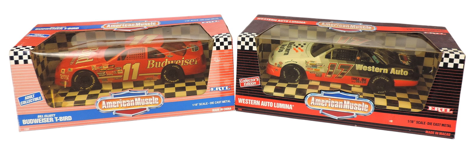 NASCAR American Muscle Adult Collectibles (2), Bill Elliott, Budweiser T-Bird, No. 7358, 1993 Anh...: NASCAR American Muscle Adult Collectibles (2), Bill Elliott, Budweiser T-Bird, No. 7358, 1993 Anheuser-Busch, made in China & Western Auto Lumina, No. 7355, 1992 The Ertl Company, made in Macau,