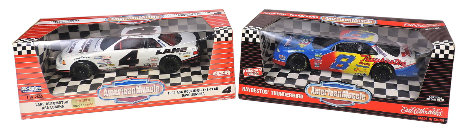 NASCAR American Muscle Adult Collectibles (2), Lane Automotive ASA Lumina, 1994 ASA Rookie-Of-The...: NASCAR American Muscle Adult Collectibles (2), Lane Automotive ASA Lumina, 1994 ASA Rookie-Of-The-Year Dave Sensiba, No. 7585, 1995 The Ertl Company, Certified 000278/2500, made in Macau & Raybestos