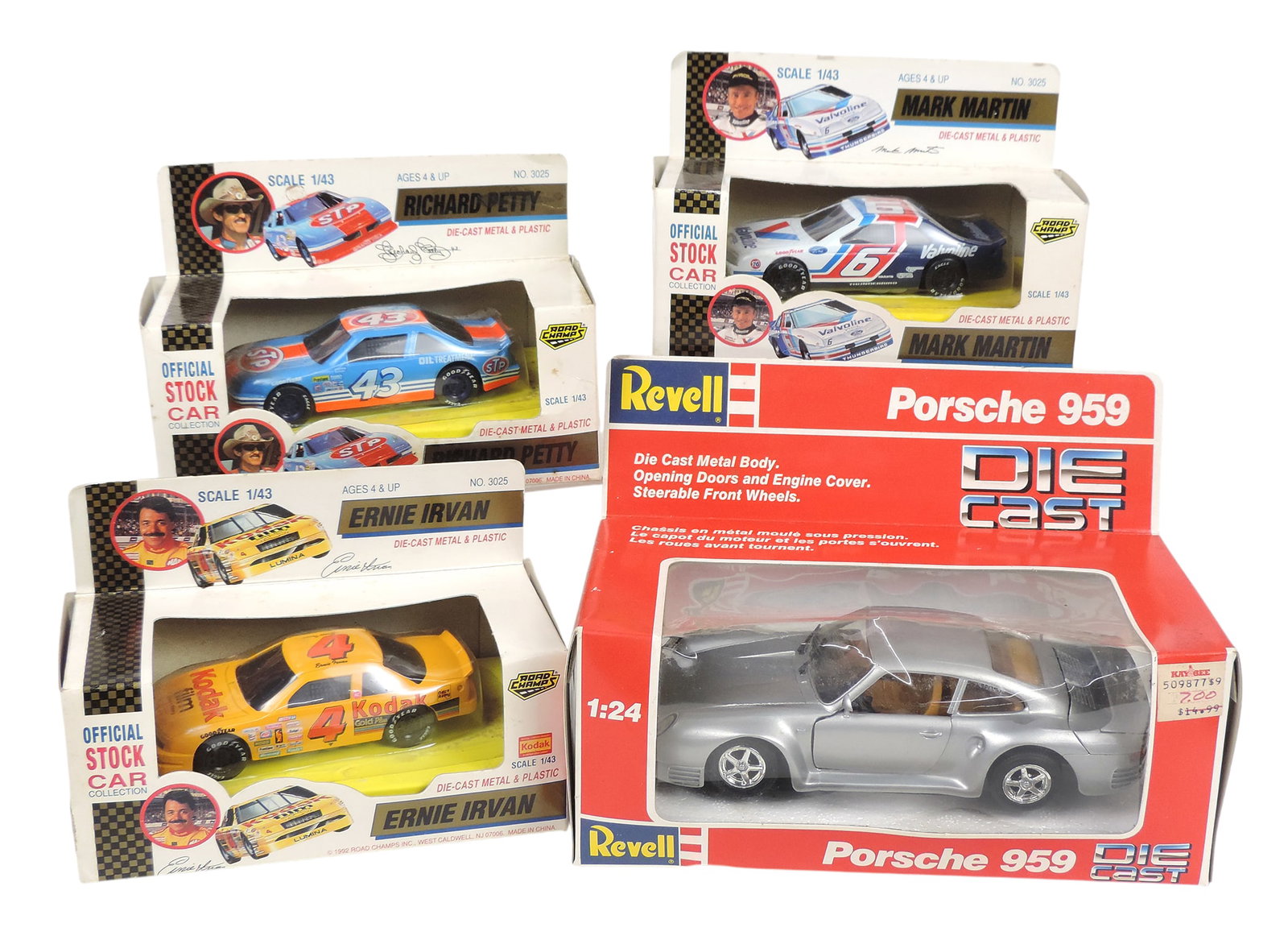 NASCAR & Porsche Scale Models (4), NASCAR Richard Petty, Ernie Irvan, Mark Martin, No. 3025, 1/43...: NASCAR & Porsche Scale Models (4), NASCAR Richard Petty, Ernie Irvan, Mark Martin, No. 3025, 1/43 scale, diecast metal/plastic, 1992 Road Champs, Inc., made in China & Porsche 959, No. 8604, 1987 by R