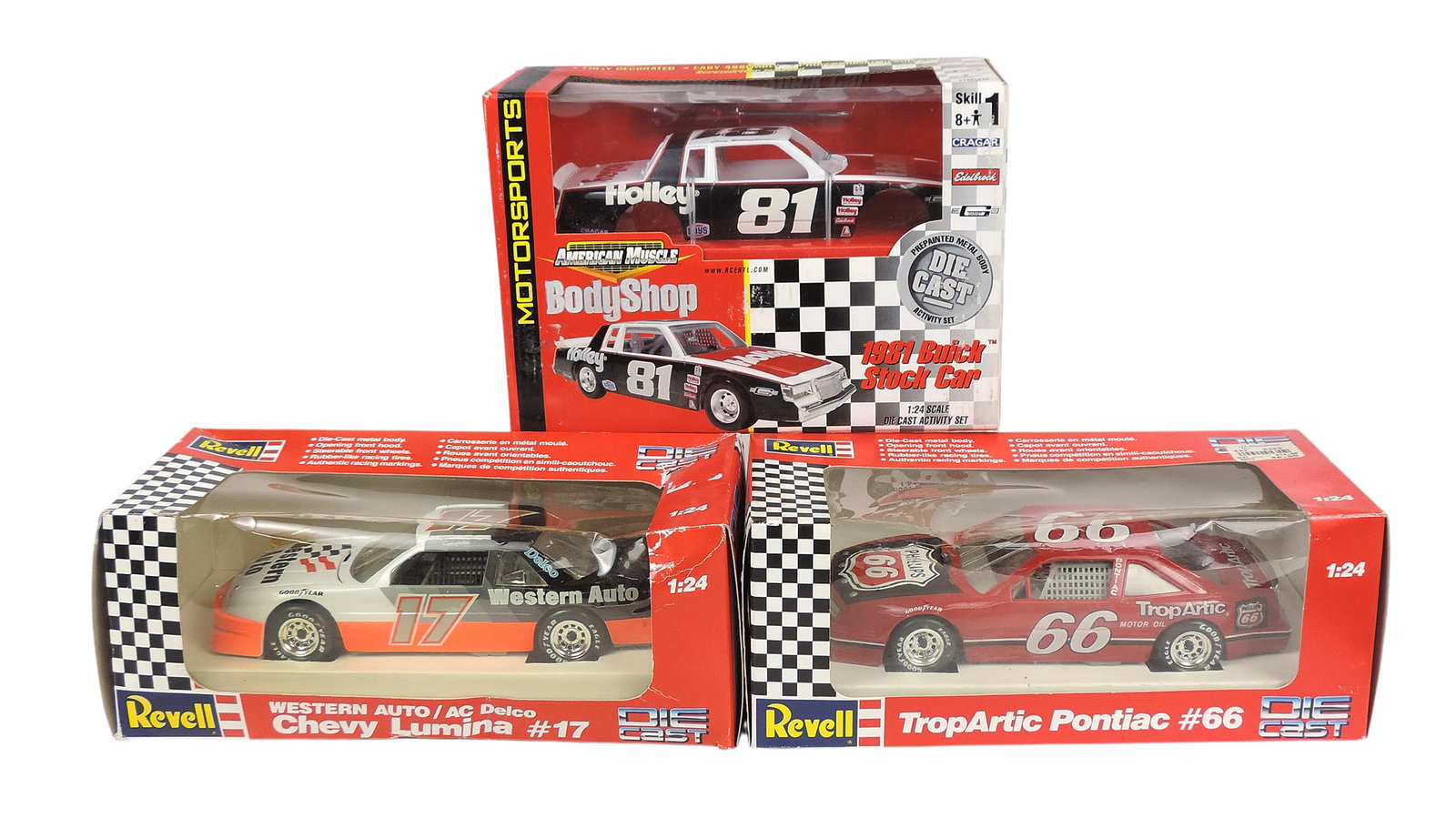 NASCAR & American Muscle Stock Car Adult Collectibles (3), Top Artic Pontiac #66, No. 8635, 1991 by: NASCAR & American Muscle Stock Car Adult Collectibles (3), Top Artic Pontiac #66, No. 8635, 1991 by Revell, made in China, Western Auto/AC Delco Chevy Lumina #17, No. 8663, 1991 by Revell, made in Chi