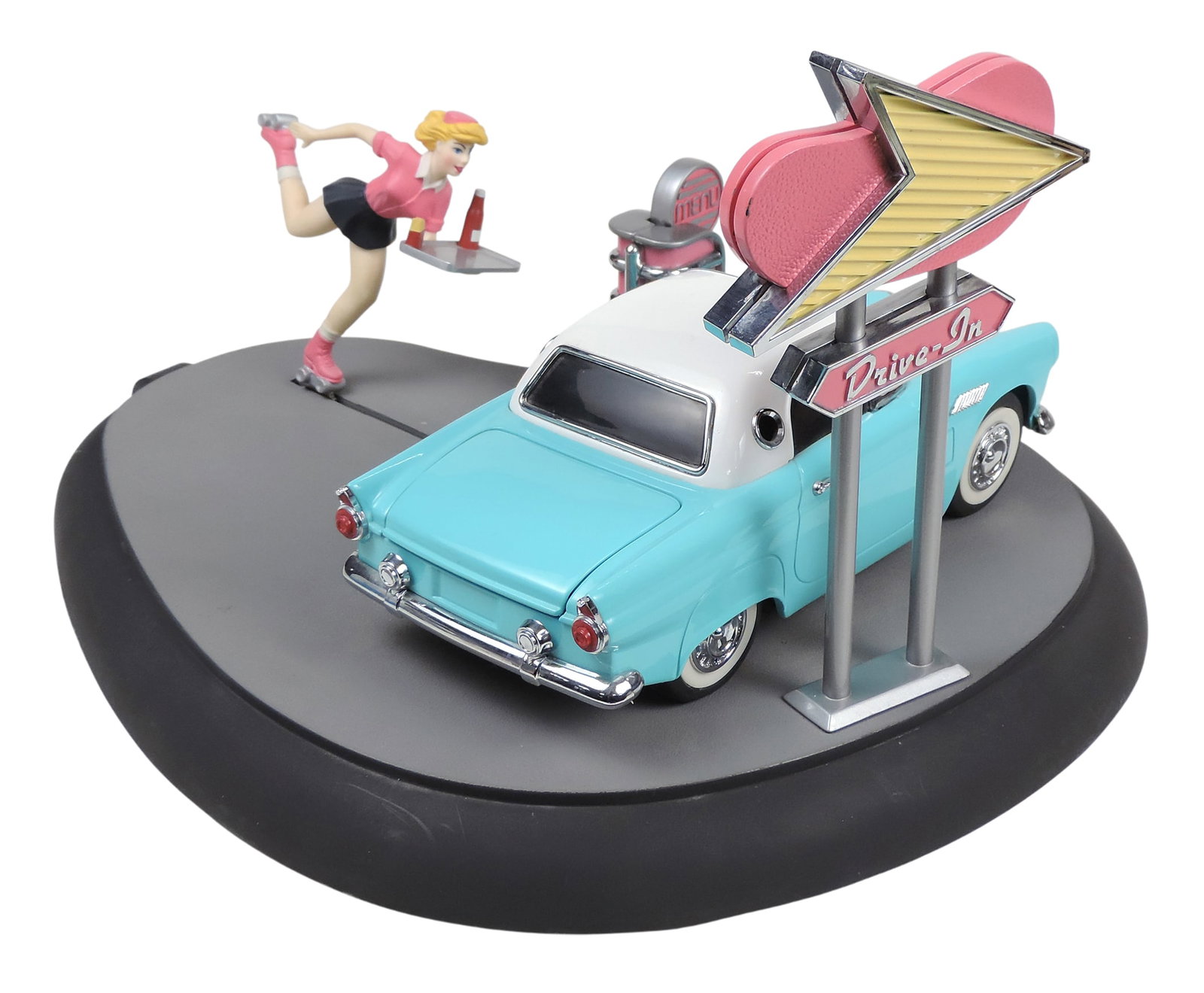 1992 Franklin Mint Fabulous Fifties Drive-In Mechanical Bank, features a diecast 1956 Ford Thunde...: 1992 Franklin Mint Fabulous Fifties Drive-In Mechanical Bank, features a diecast 1956 Ford Thunderbird, mechanisms work but car hop waitress may be slightly bent causing her to move slowly, o/all VG c