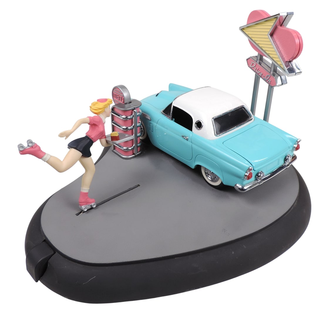 1992 Franklin Mint Fabulous Fifties Drive-In Mechanical Bank, features a diecast 1956 Ford Thunde... - 4