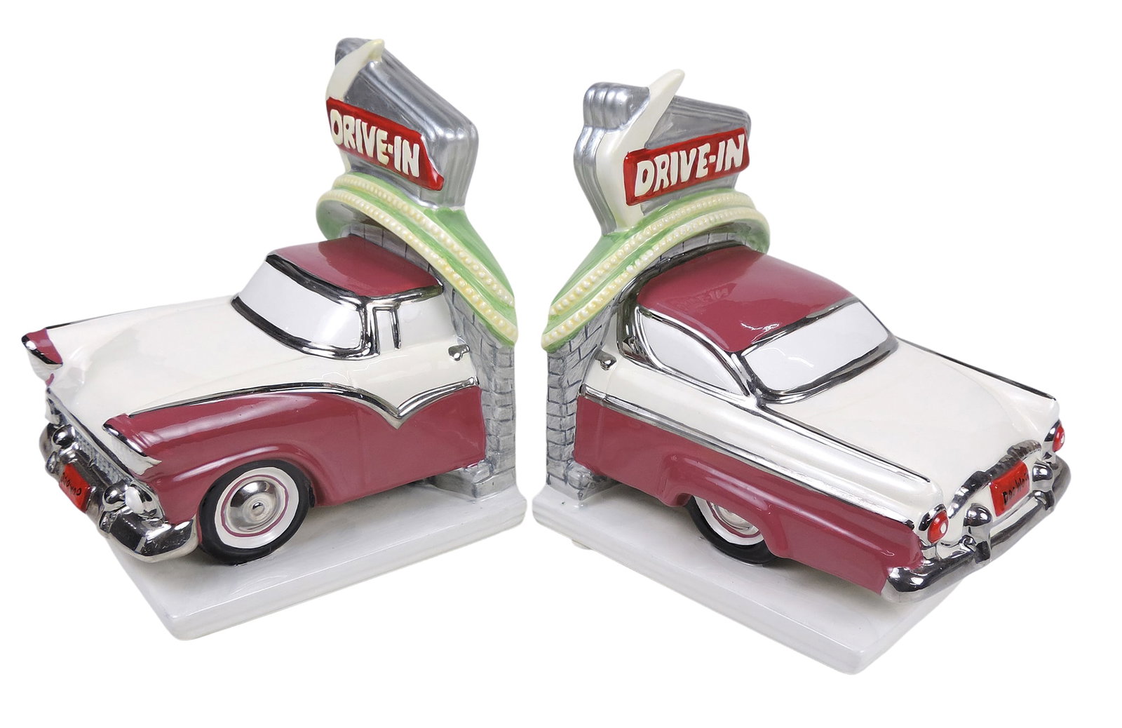 Russ Berrie Classic Car Drive-In Bookends, modeled after a 1955 Ford Crown Victoria, Russ Berrie ...: Russ Berrie Classic Car Drive-In Bookends, modeled after a 1955 Ford Crown Victoria, Russ Berrie & Company, Inc., Item No. 17812, made in China, barcode sticker on bottom, ceramic, c. 1970-1980s, Exc 