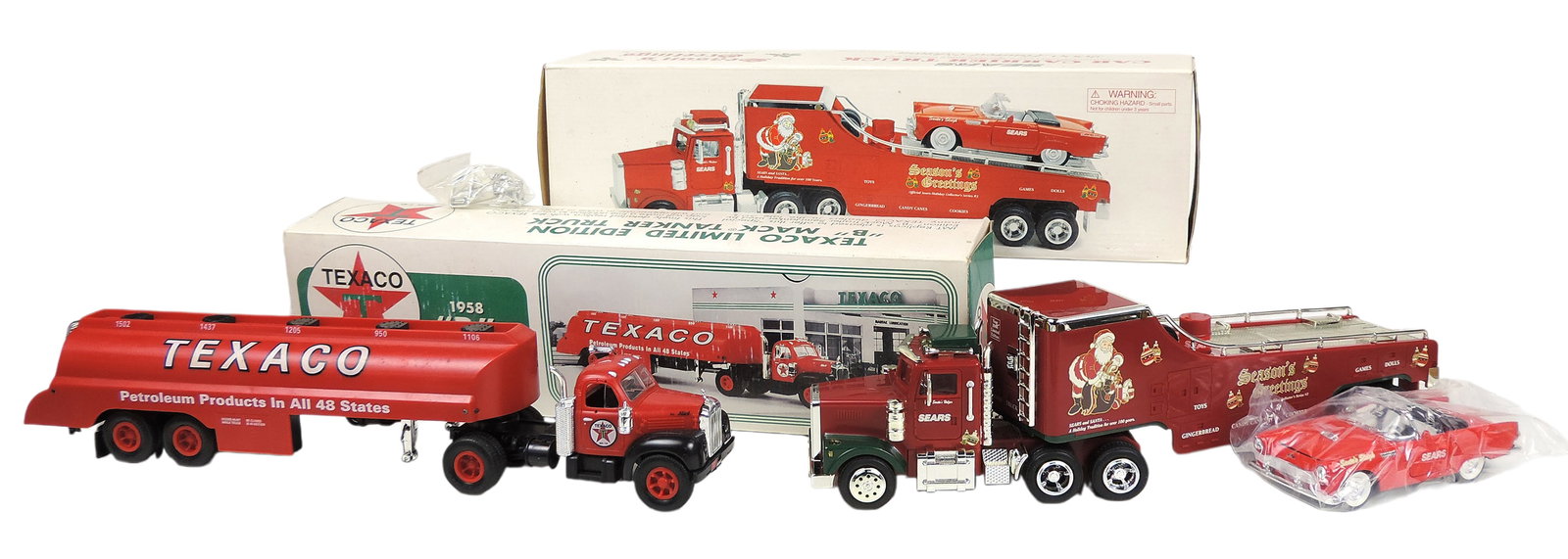Toy Scale Models (2), Sears Car Carrier Truck, Season's Greetings, Official Sears Holiday Collect...: Toy Scale Models (2), Sears Car Carrier Truck, Season's Greetings, Official Sears Holiday Collector's Series #3, 2000 Limited Edition, made in China, 1/32 scale, plastic & Texaco 1958 B Mack Tanker, J