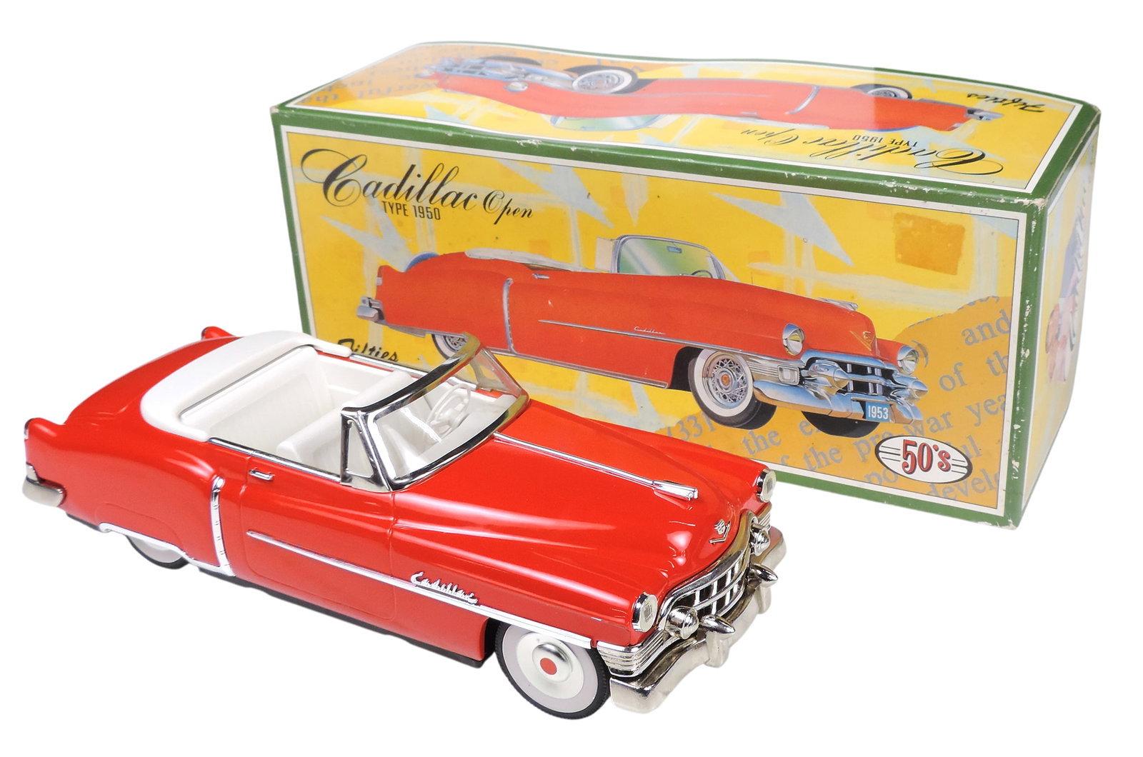 Toy Fifties Cadillac Open, Type 1950, pressed tin/metal friction, orig packaging, 50's Fifties Co...: Toy Fifties Cadillac Open, Type 1950, pressed tin/metal friction, orig packaging, 50's Fifties Co. Ltd., made in Japan, NOS w/age-related wear to packaging (enlarge photos for details), H 4.5 x W 12.5