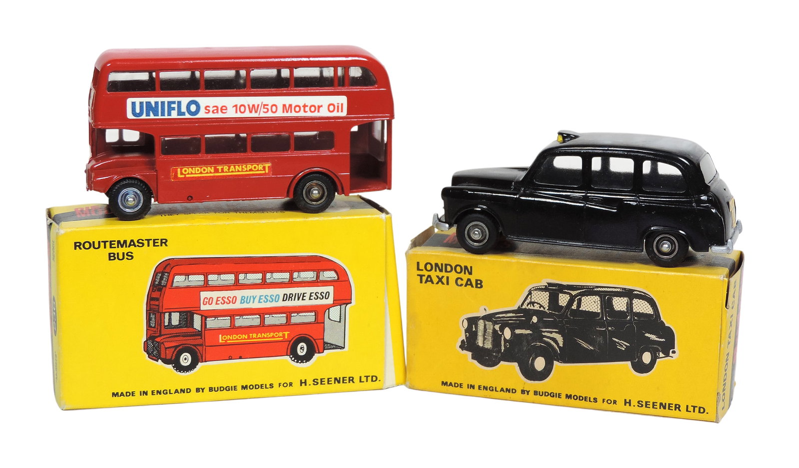 Toy Scale Models (2), Budgie Toys, London Taxi Cab, No. 101, Routemaster Bus, No. 236, Made in En...: Toy Scale Models (2), Budgie Toys, London Taxi Cab, No. 101, Routemaster Bus, No. 236, Made in England by Budgie Models for H. Seener Ltd., all metal models, c. 1970s, slight wear on orig packaging
