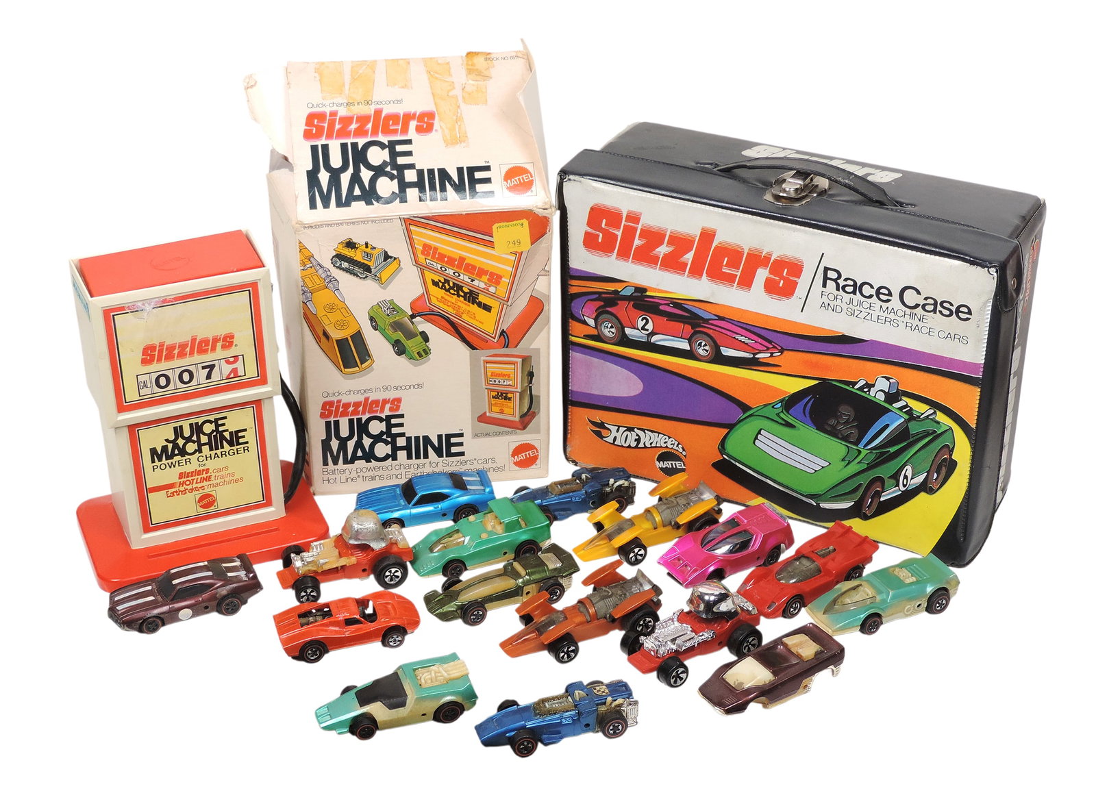 Hot Wheels Sizzlers Items (18), Sizzlers Juice Machine, 1970 Mattel, Inc., orig packaging/instruc...: Hot Wheels Sizzlers Items (18), Sizzlers Juice Machine, 1970 Mattel, Inc., orig packaging/instructions, Sizzlers Race Case for Juice Machine and Sizzlers Race Cars, No. 5499, 1970 Mattel, Inc. & sever