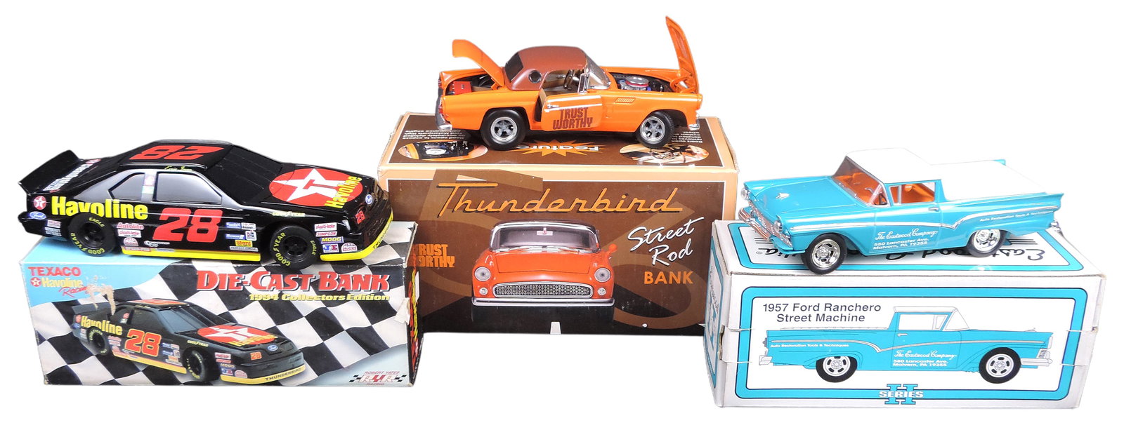 Automotive Banks (3), Texaco Havoline Ford Thunderbird, 1994 Collectors Edition, Robert Yates Rac...: Automotive Banks (3), Texaco Havoline Ford Thunderbird, 1994 Collectors Edition, Robert Yates Racing, No. 4056, diecast, 1957 Ford Ranchero Street Machine, Eastwood Automobilia, Transportation