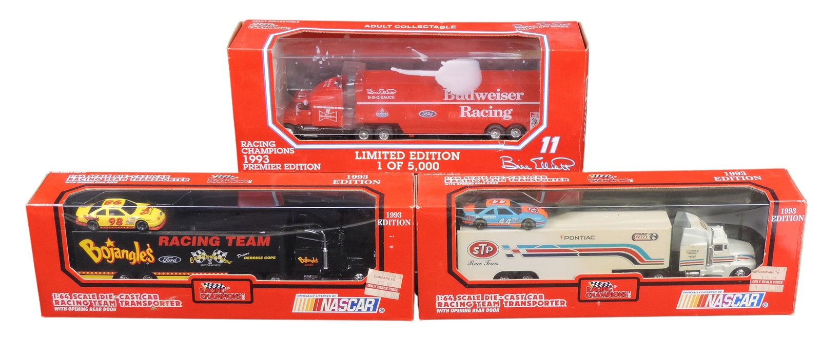 NASCAR Racing Champions (3), Richard Petty, Derrike Cope, both 1993 Edition & Bill Elliett, 1993 ...: NASCAR Racing Champions (3), Richard Petty, Derrike Cope, both 1993 Edition & Bill Elliett, 1993 Premier Edition, Limited Edition 1 of 5,000, all 1:64 scale, diecast/plastic, NOS w/age-related wear to