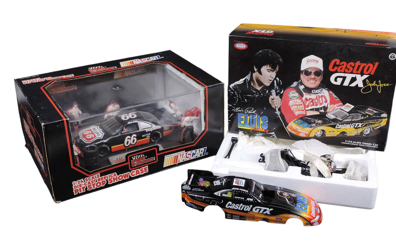 NASCAR Scale Models (2), NASCAR Racing Champions Pit Stop Show Case, Chad Little, 1992 Racing Cha...: NASCAR Scale Models (2), NASCAR Racing Champions Pit Stop Show Case, Chad Little, 1992 Racing Champions, Inc., 1:24 scale, diecast/plastic & John Force/Castrol/Elvis, Racing Action Platinum Series,