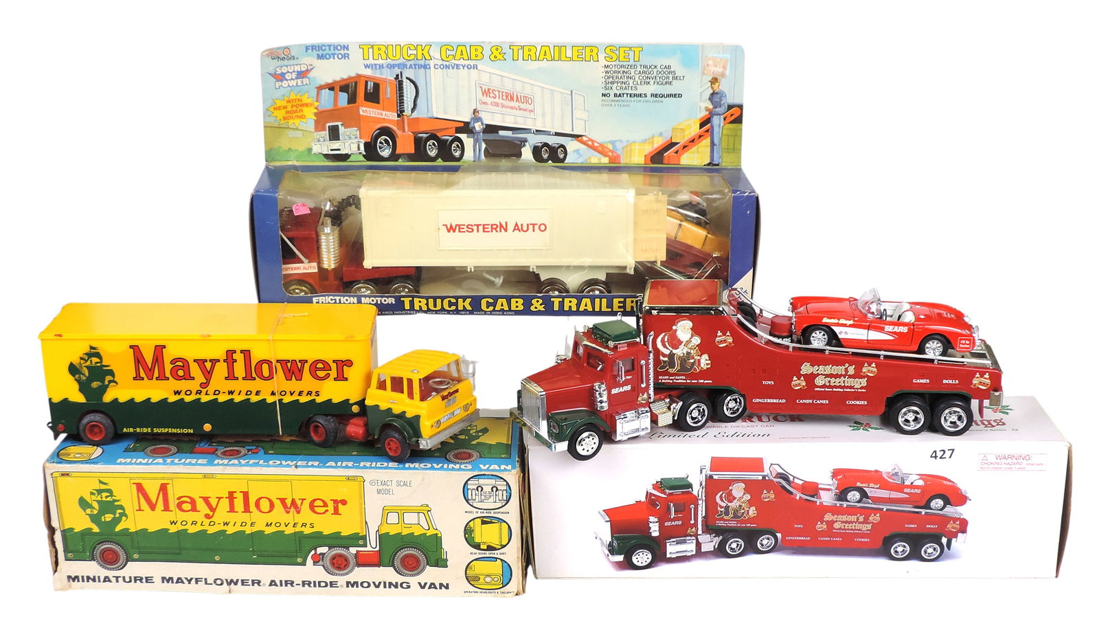 Toy Scale Models (3), Mayflower World-Wide Movers, Air-Ride Moving Van, made in Hong Kong, Sears ...: Toy Scale Models (3), Mayflower World-Wide Movers, Air-Ride Moving Van, made in Hong Kong, Sears Car Carrier Truck, 1999 Special Edition, 1/32 scale, battery operated & Play Wheels Friction Motor Truc