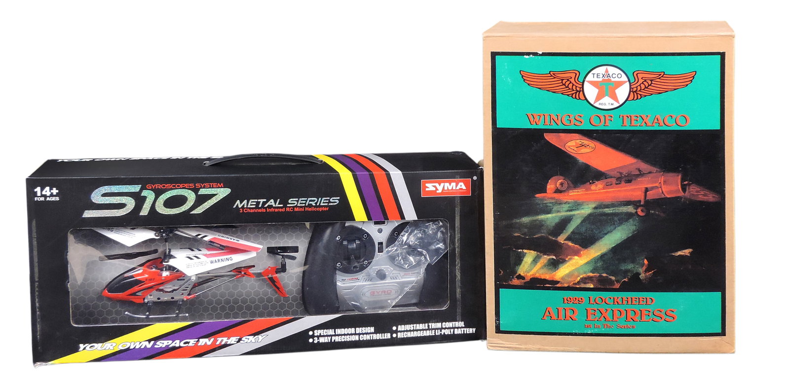 Toy Scale Aviation Models (2), Syma Radio-controlled Product, Gyroscopes System S107, Metal serie...: Toy Scale Aviation Models (2), Syma Radio-controlled Product, Gyroscopes System S107, Metal series No.S107, made in China & Texaco Wings of Texaco, 1929 Lockheed Air Express Replica, 1st in the