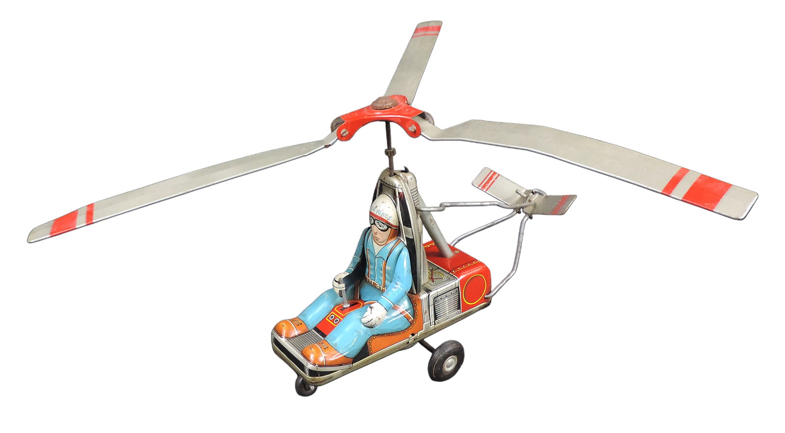 Haji Japan Tin Friction Gyrodyne, U.S. Air Force Helicopter, c. mid 1900s, working mechanisms, li...: Haji Japan Tin Friction Gyrodyne, U.S. Air Force Helicopter, c. mid 1900s, working mechanisms, litho on tin, shows some corrosion/wear, o/all Good+ cond w/age-related wear (enlarge photos for