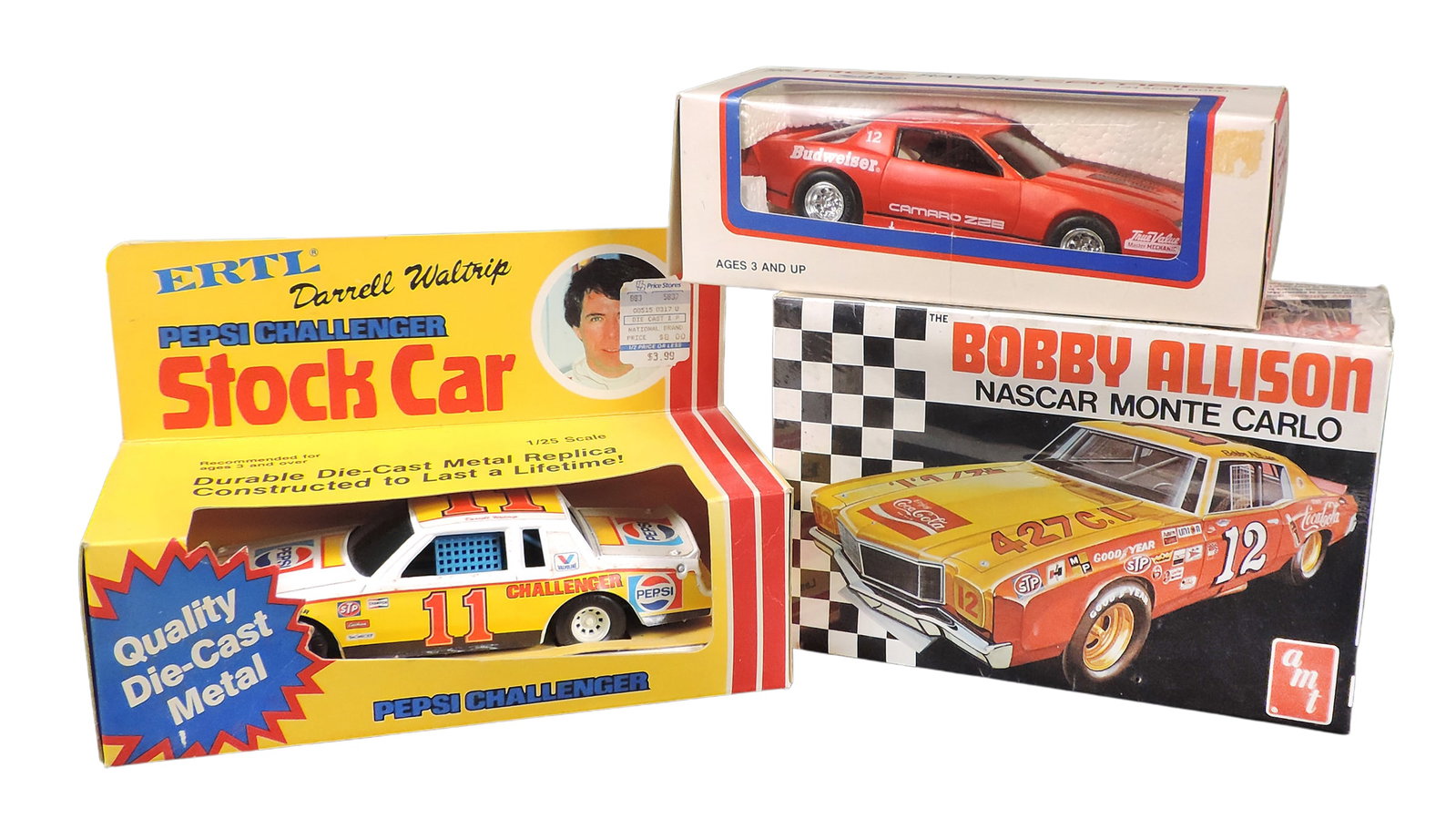 Toy Scale Models (3), Bobby Allison NASCAR Monte Carlo, AMT, 1/25 scale, T421-225, wrapped orig p...: Toy Scale Models (3), Bobby Allison NASCAR Monte Carlo, AMT, 1/25 scale, T421-225, wrapped orig packaging, contains product, Iroc Racing Camaro, True Value, 1/24 scale, 1986 Race of Champions, Inc. & 