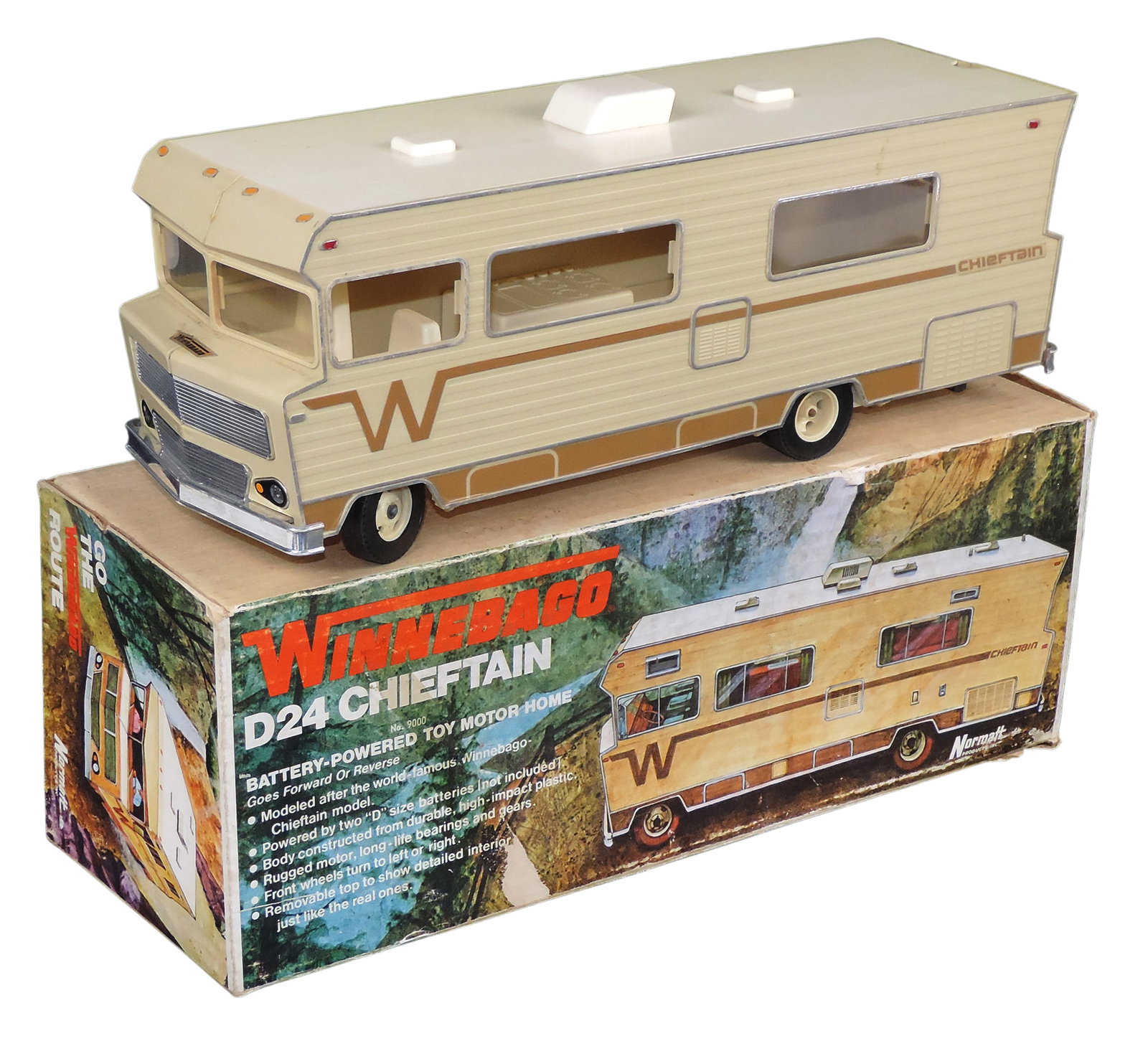 Toy Scale Model, Winnebago D24 Chieftain, battery-powered (untested), plastic, Normatt Products, ...: Toy Scale Model, Winnebago D24 Chieftain, battery-powered (untested), plastic, Normatt Products, Inc., St. Paul, Minn-USA, orig packaging, 4 plastic windows missing, 1973, o/all Good+ w/age-related