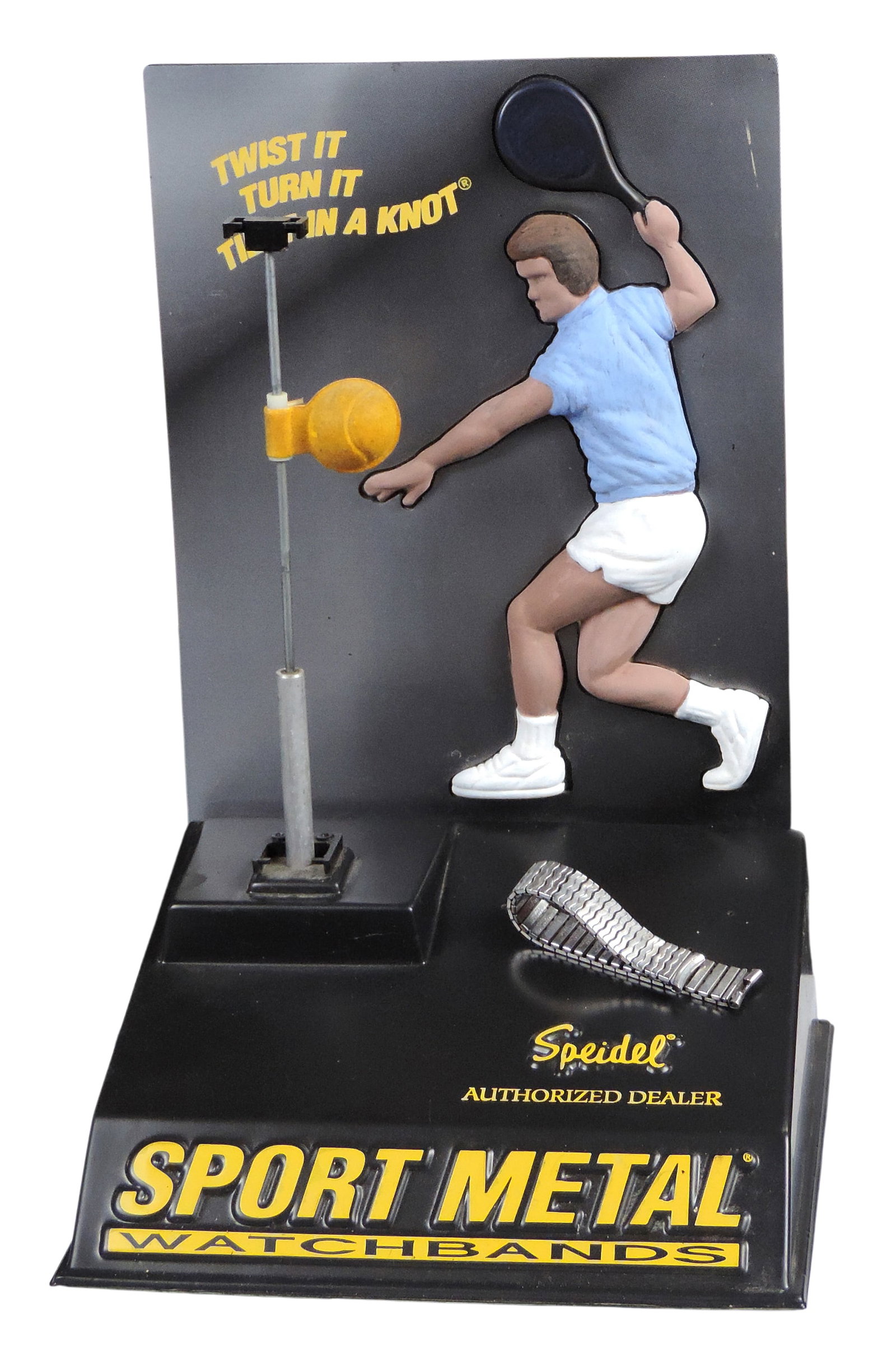 Speidel Watchband Dealer Display, stainless steel bottom caps 69, tennis ball/watchband go up/down,: Speidel Watchband Dealer Display, stainless steel bottom caps 69, tennis ball/watchband go up/down, working mechanism, only half tennis ball, plastic/metal, c. mid-late 1900s, o/all VG cond