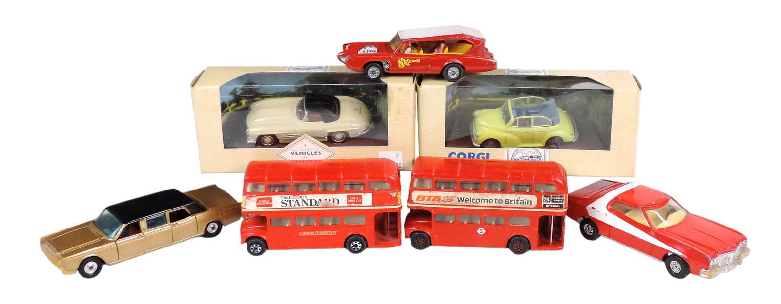 Gorgi Toy Scale Models (7), Gorgi Toys, includes Monkee Mobile, London Transport/BTA Fleetline Bu...: Gorgi Toy Scale Models (7), Gorgi Toys, includes Monkee Mobile, London Transport/BTA Fleetline Buses, Ford Gran Torino/Starsky & Hutch, Lincoln Continental, all made in Great Britain, Morris Minor Con