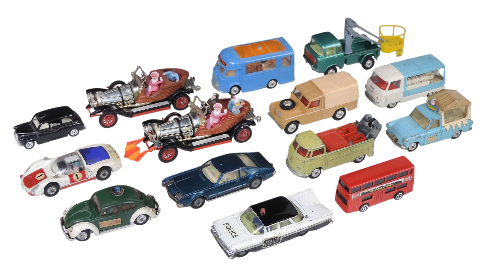 Gorgi Toy Scale Models (16), Gorgi Toys, includes Oldsmobile Toronado, Ice Cream Van, Commer, Vol...: Gorgi Toy Scale Models (16), Gorgi Toys, includes Oldsmobile Toronado, Ice Cream Van, Commer, Volkswagen, London Taxi, Porsche Carrera 6, Daimler Fleetline, Jeep FC-150, Land Rover, Chevrolet Impala,