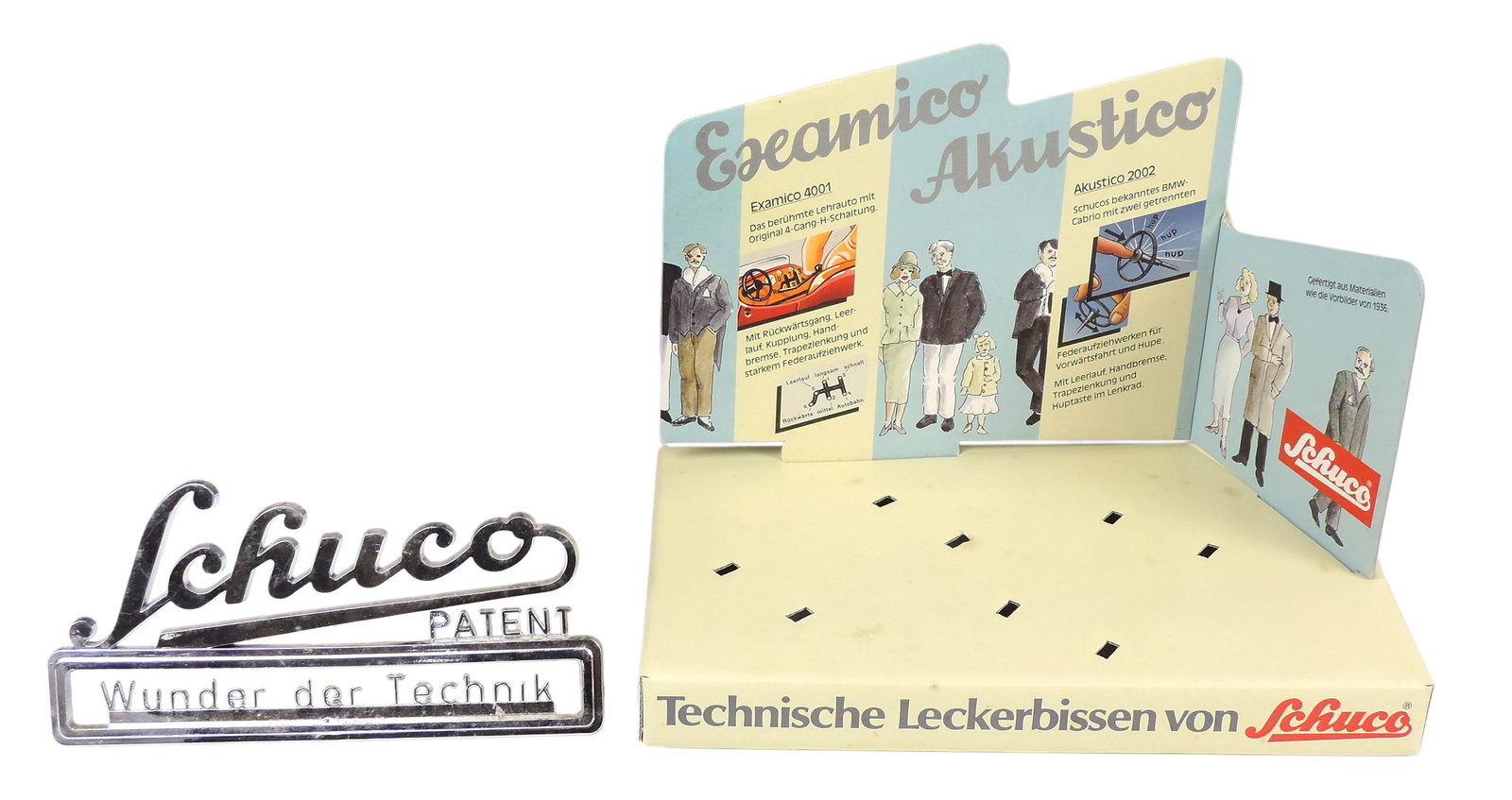 Schuco Dealer Display Signs (2), Examico 4001 & Akustico 2002 tinplate toy car display box, cars ... (1 of 1)