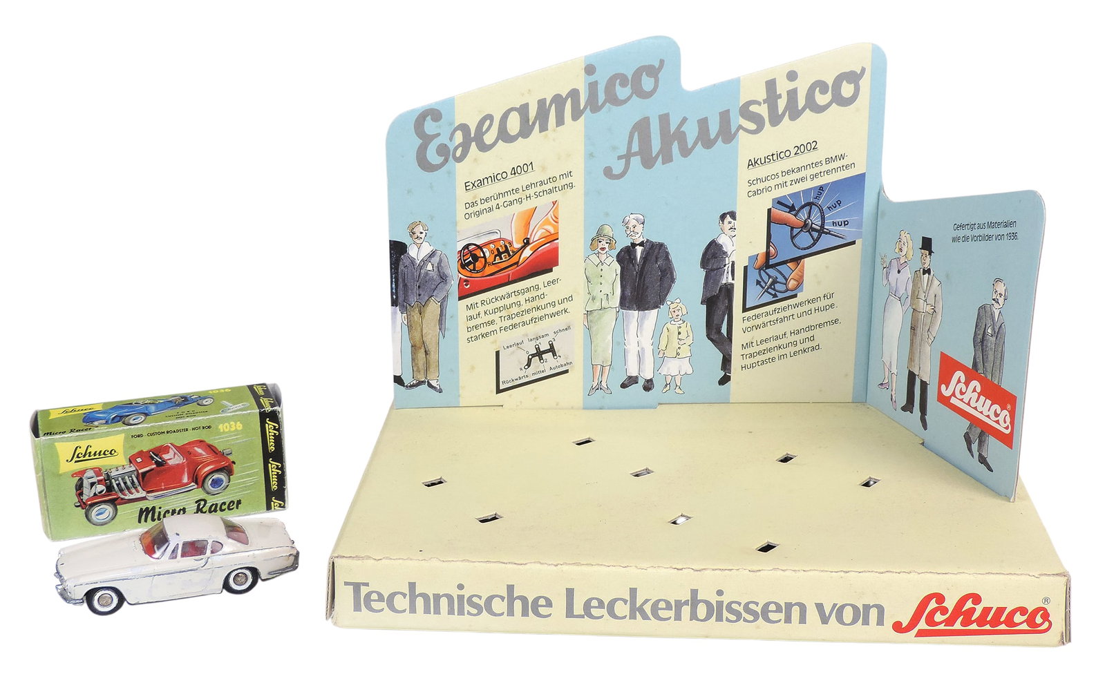 Schuco Dealer Display Sign/Items (3), Examico 4001 & Akustico 2002 tinplate toy car display box, ...: Schuco Dealer Display Sign/Items (3), Examico 4001 & Akustico 2002 tinplate toy car display box, cars not included, Nr. 1093, Schuco Micro Racer, 1036, empty box & Tekno Denmark 825 Volvo 1800 diecast