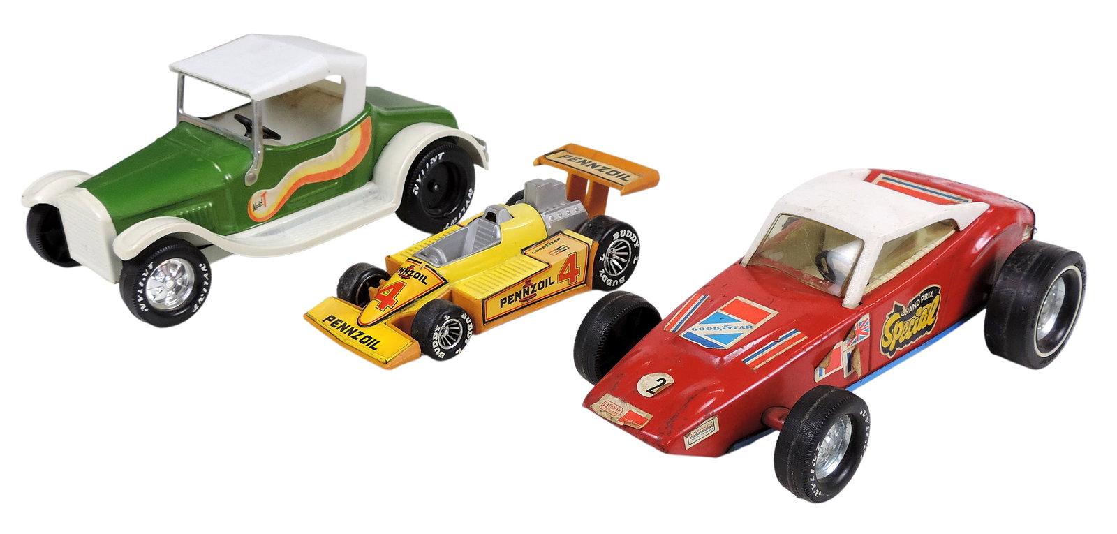 Toy Scale Models (3), Nylint Corporations, Grand Prix Special, made in USA, pressed steel/plastic...: Toy Scale Models (3), Nylint Corporations, Grand Prix Special, made in USA, pressed steel/plastic, Nylint Ford Model T Roadster, pressed steel/plastic & Buddy L Corp., 1980 Pennzoil Lil Buddy's F1 Rac