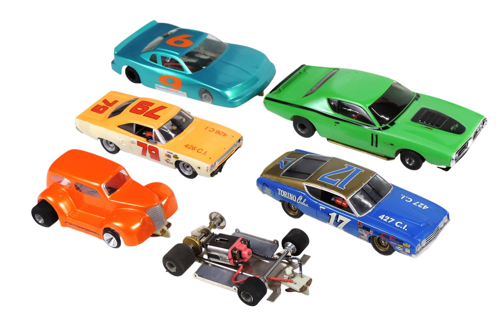 Slot Toy Scale Models (6), includes Carrera Evolution 1970 Plymouth Road Runner, Mid No. 340 Stom...: Slot Toy Scale Models (6), includes Carrera Evolution 1970 Plymouth Road Runner, Mid No. 340 Stomp Legends Seden (thin plastic body), Carrera Evolution 1969 Ford Forino Talladega driven by David Pears