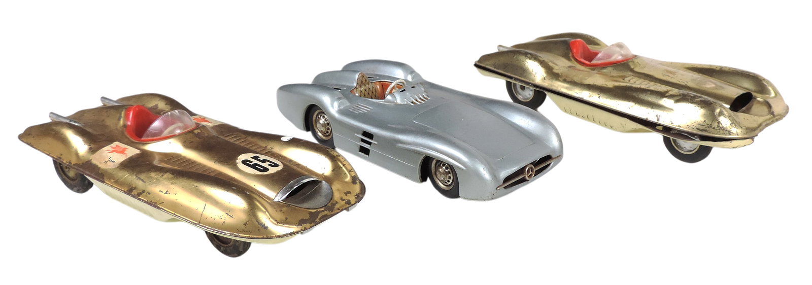 Toy Speedsters (3), 2 gold-toned 1955 Bonneville Saltflats Specials, mfgd by Mattel & Western Ger...: Toy Speedsters (3), 2 gold-toned 1955 Bonneville Saltflats Specials, mfgd by Mattel & Western Germany Mercedes, all pressed tin friction, Good to VG+ cond, (enlarge photos for details), up to L 11.5 i