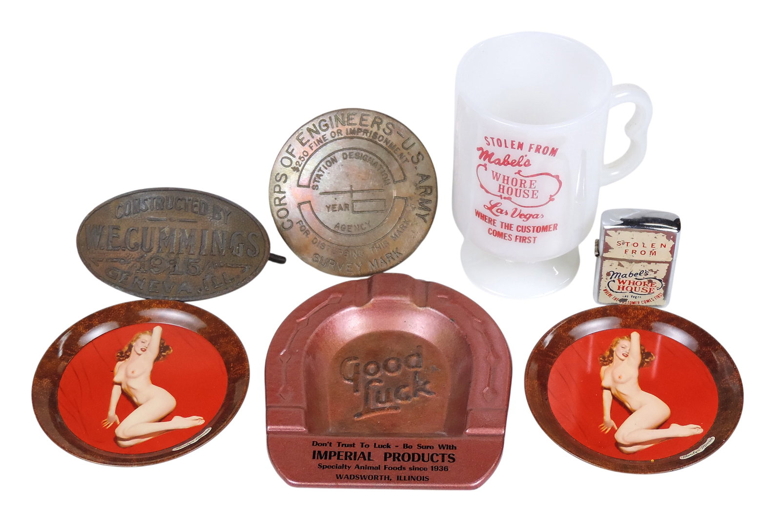Las Vegas, Stolen from Mable's Whore House Mug & Lighter (non-working), Marilyn Monroe Coaster (2),: Las Vegas, Stolen from Mable's Whore House Mug & Lighter (non-working), Marilyn Monroe Coaster (2), Corps of Engineers U.S. Army Survey Mark, Good Luck Ashtray, W.E. Cummings Belt Buckle, c. mid