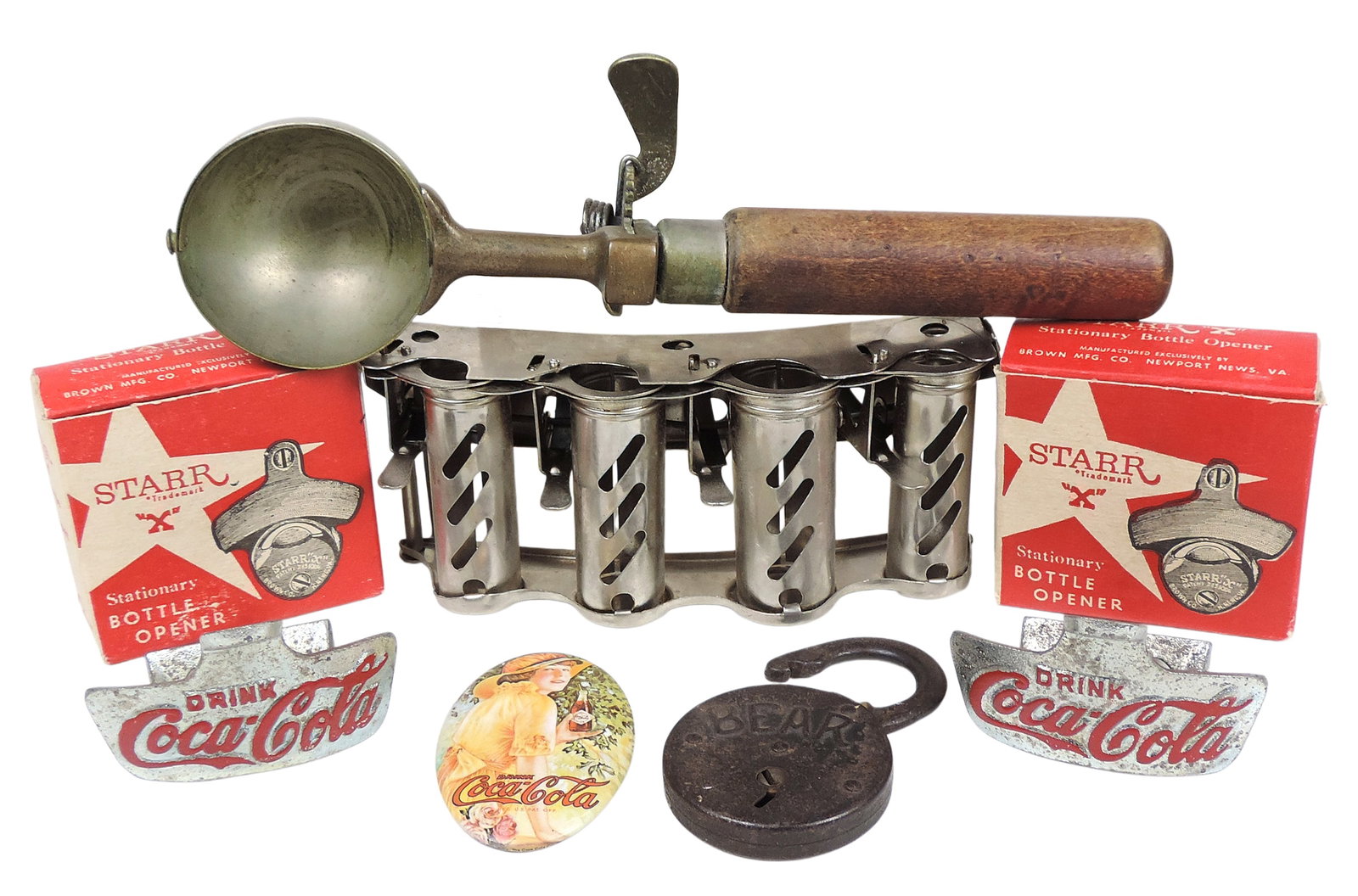 Vintage Soda Fountain Items (6), Starr Stationary Bottle Openers (2), Brown Mfg. Co., Newport News,: Vintage Soda Fountain Items (6), Starr Stationary Bottle Openers (2), Brown Mfg. Co., Newport News, VA, 4-Barrel Coin Dispenser w/working mechanism, Ice Cream Scoop, embossed No. 50, Arnold Racine, Wi