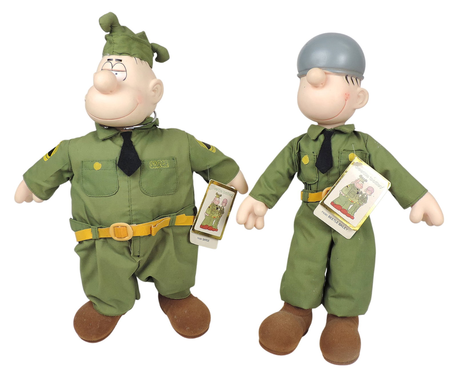 Beetle Bailey & Sarge Dolls (2), orig tags, No. P4085-Bettle Bailey, No. P4086-Sarge, by King Fea...: Beetle Bailey & Sarge Dolls (2), orig tags, No. P4085-Bettle Bailey, No. P4086-Sarge, by King Features Syndicate, Inc., Presents Trademark, c. late 1900s, o/all Exc cond (enlarge photos for details),